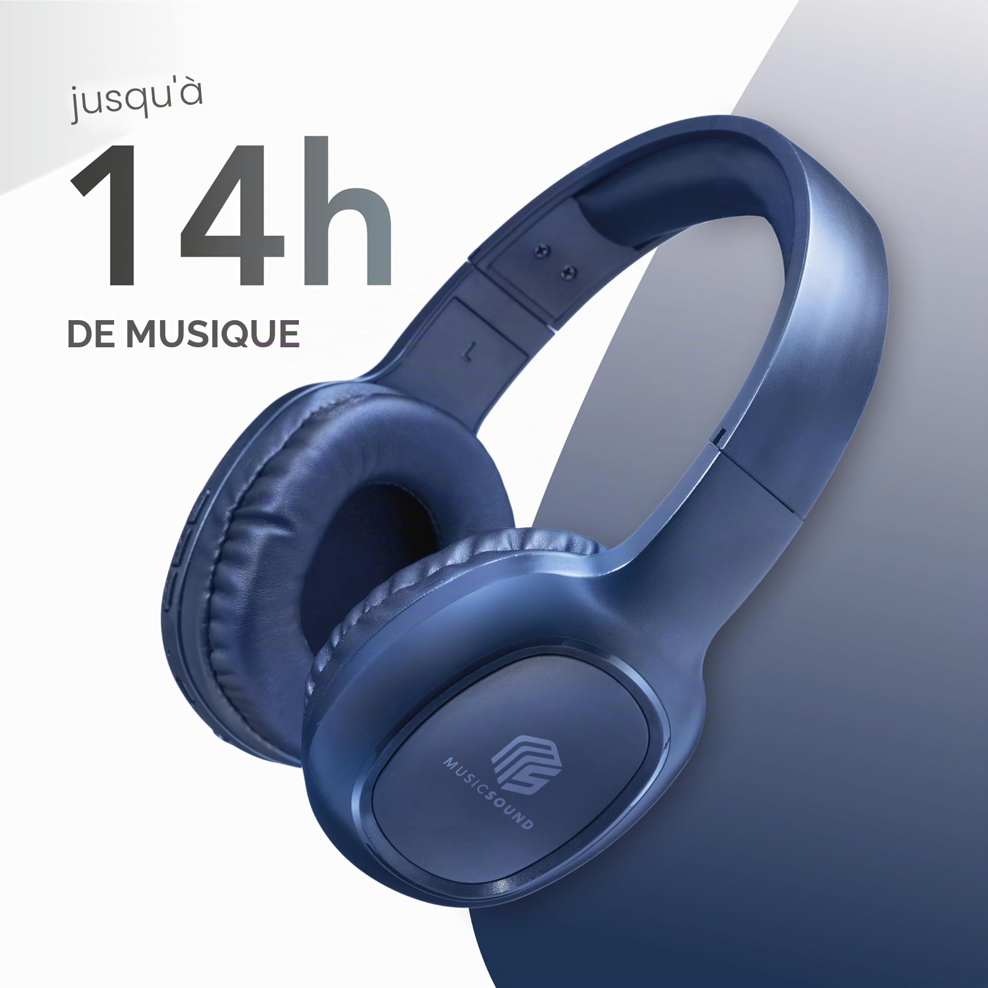 Music Sound | Casque Bluetooth Basic | Casque Bluetooth Supra-auriculaire avec Bandeau Extensible - Autonomie 14h - Recharge 2h - Voyant LED et entrée AUX - Couleur Bleu