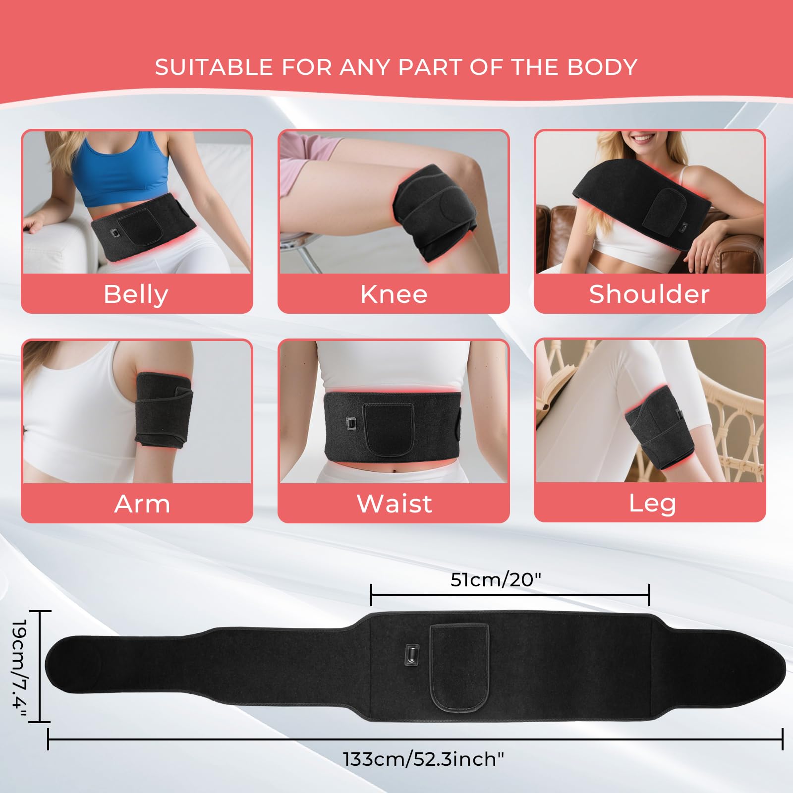 Ceinture à lumière rouge, 140 LED, ceinture lumineuse proche infrarouge, 660 nm et 850 nm avec réglages de minuterie, 5 modes d'éclairage pour le corps, les jambes, le dos, la taille, les