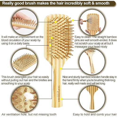 Miniatura 2 de Juego de cepillos para el cabello para mujeres y hombres, cerdas de bambú natural, húmedo, seco, plano, desenredante, cepillos de bambú para todo