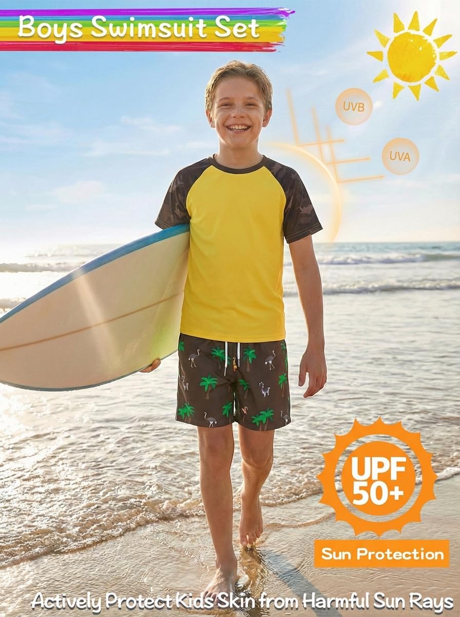 WISREMT Boys Swimsuit Rash Guard Kids 2 Piece Bathing Suit UPF 50+ Short Sleeve Swim Shirt & Trunks with Compression Liner