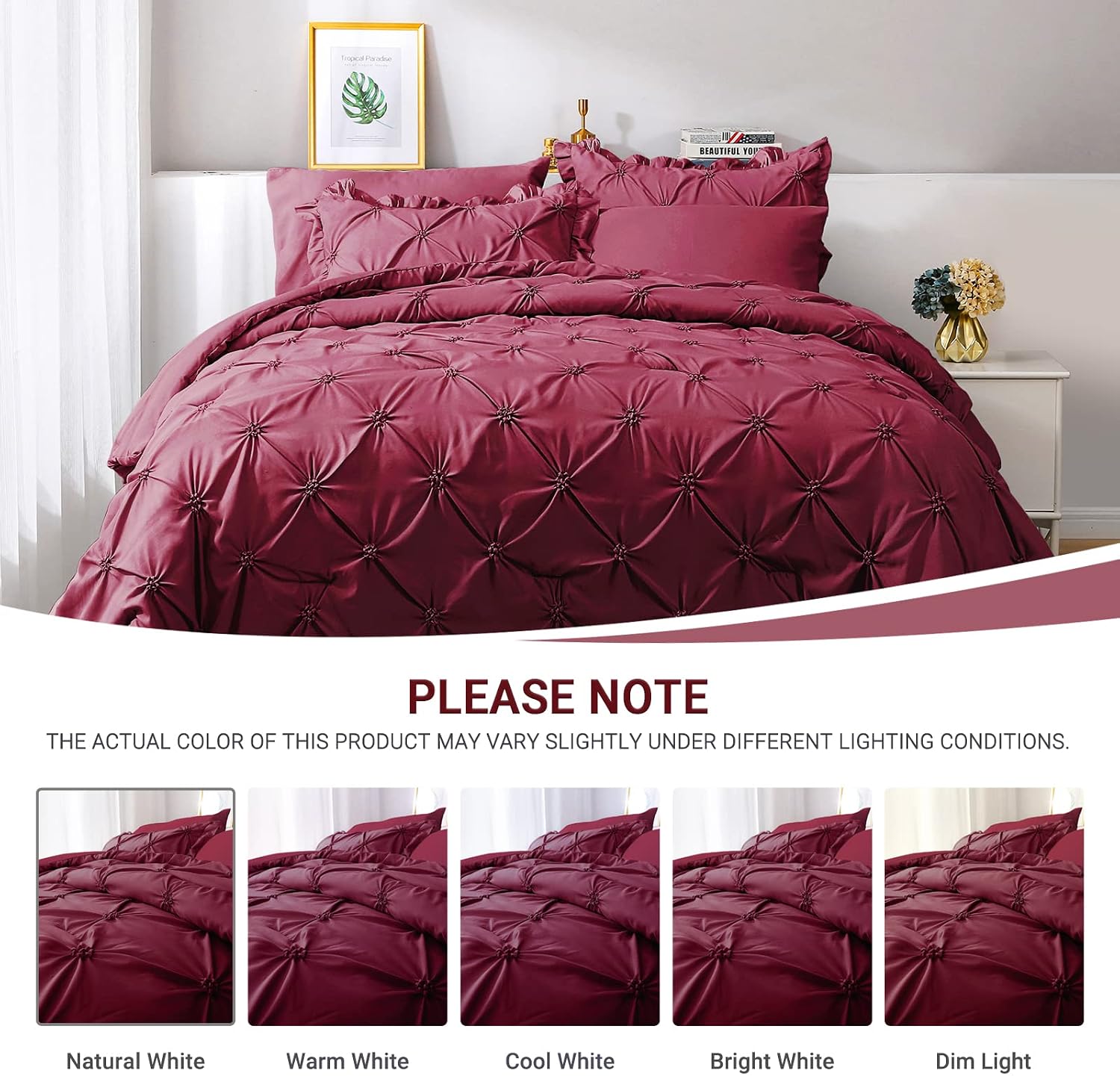 JOLLYVOGUE Dark Red Full Size Comforter Sets 8 Pieces, Pintuck Bed in a Bag Comforter Set for Bedroom, Bedding Comforter Sets with Comforter, Sheets, Bed Skirt, Ruffled Shams & Pillowcases