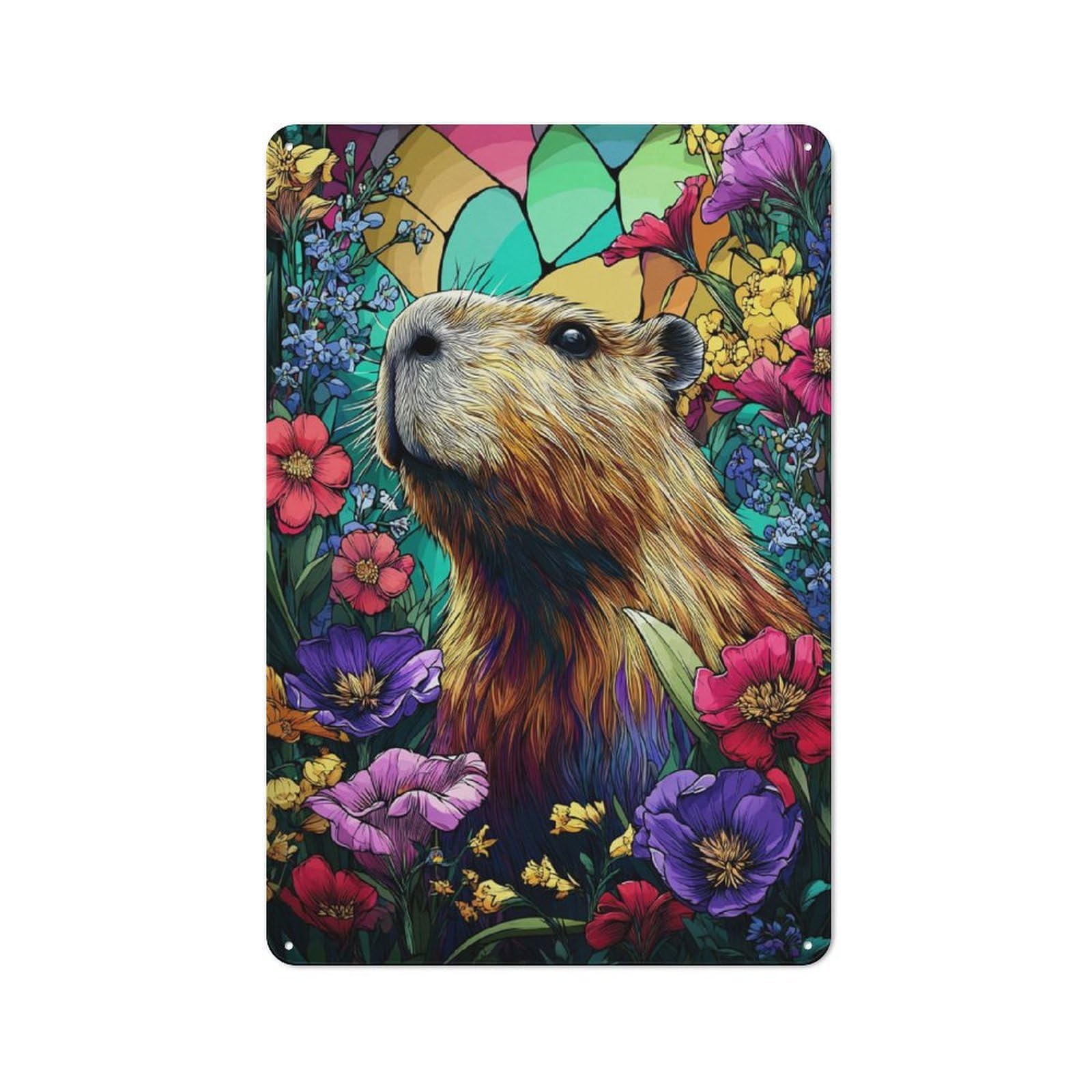 Junmoney Capybara In A Floral Garden Shop Front Style Decorative Metal Plaque 30X20cm, Shop Wall Decor For Cafe, Bistro, Bakery Or Restaurant