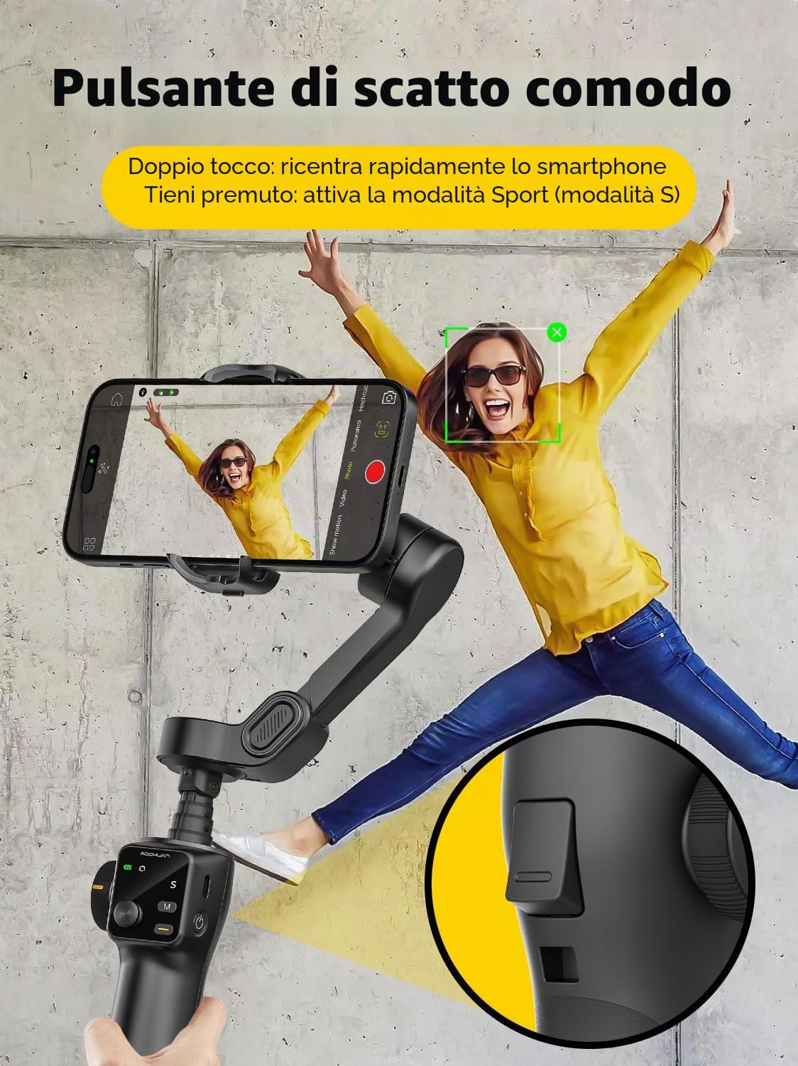 AOCHUAN Stabilizzatore cardanico a 3 assi con asta di estensione integrata da 7,8 pollici, gimbal per telefono Vlogging w/AI Tracking, giunto cardanico portatile per smartphone per iPhone con display
