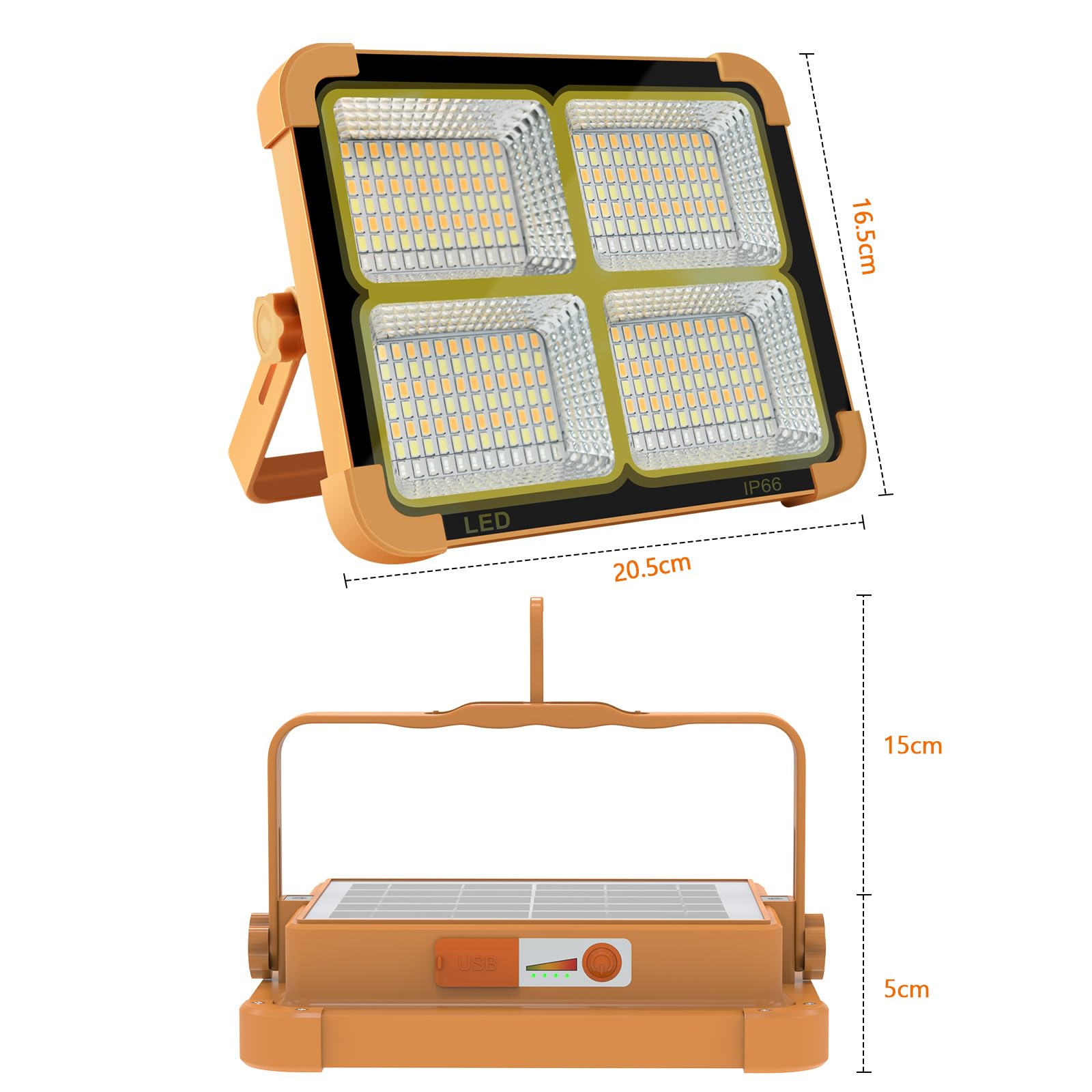 Luz solar LED portátil de trabajo de 100 W, 16500 mAh, 10000 lm, con brillo continuo, batería recargable para el lugar de trabajo, luz de emergencia para huracanes (naranja (remoto))