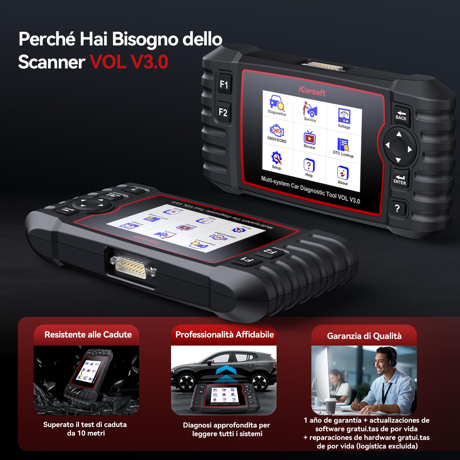 iCarsoft Vol V3.0 OBD2 Auto Diagnostica per Volvo/Saab, Diagnosi Auto Professionale in Italiano per Tutti i Sistemi, 39 Funzioni di Ripristino, Test Bidirezionale, Auto Vin, Aggiornamento a Vita