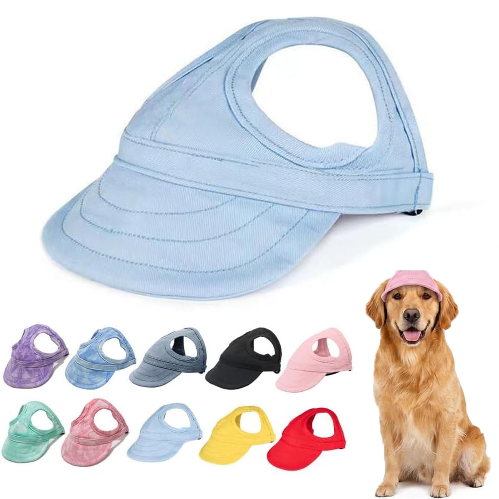 Dog Baseball Cap for Small Medium Dogs, Breathable Canvas Pet Sun Hat with Ear Holes, Adjustable & Anti-Slip Outdoor Visor (Light Blue,X-Large)