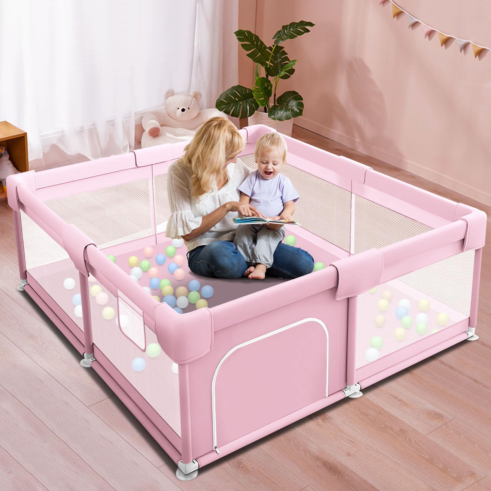 Baby Playpen for Babies and Toddlers Baby Fence Baby Play Yards for Indoor & Outdoor with Breathable Mesh Anti-Fall (Pink