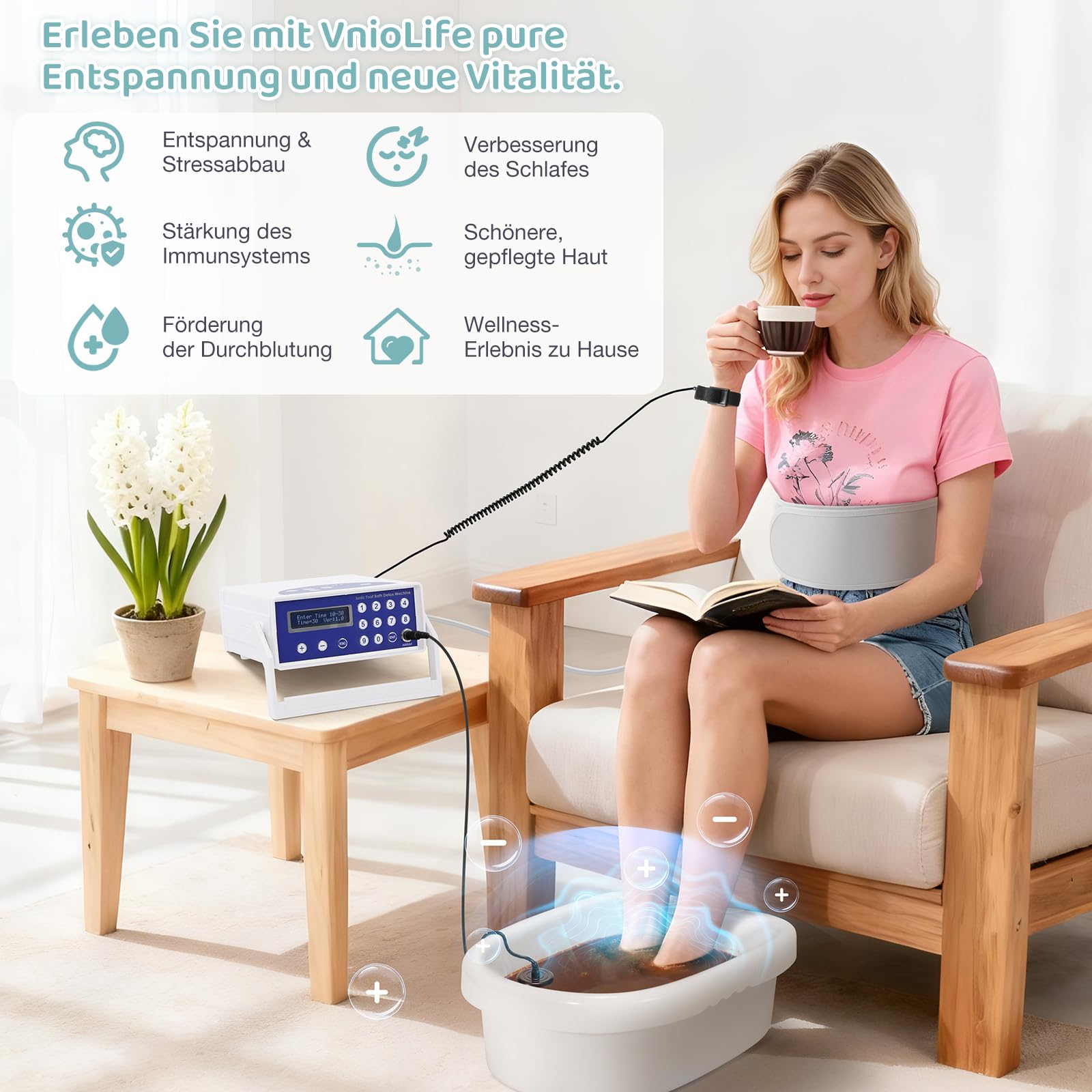 Sistema de desintoxicación de iones para pies profesional con pantalla LCD, incluye cinturón de calefacción, 1 boquilla de iones y almohadilla de limpieza, para casa, spa y alivio del estrés
