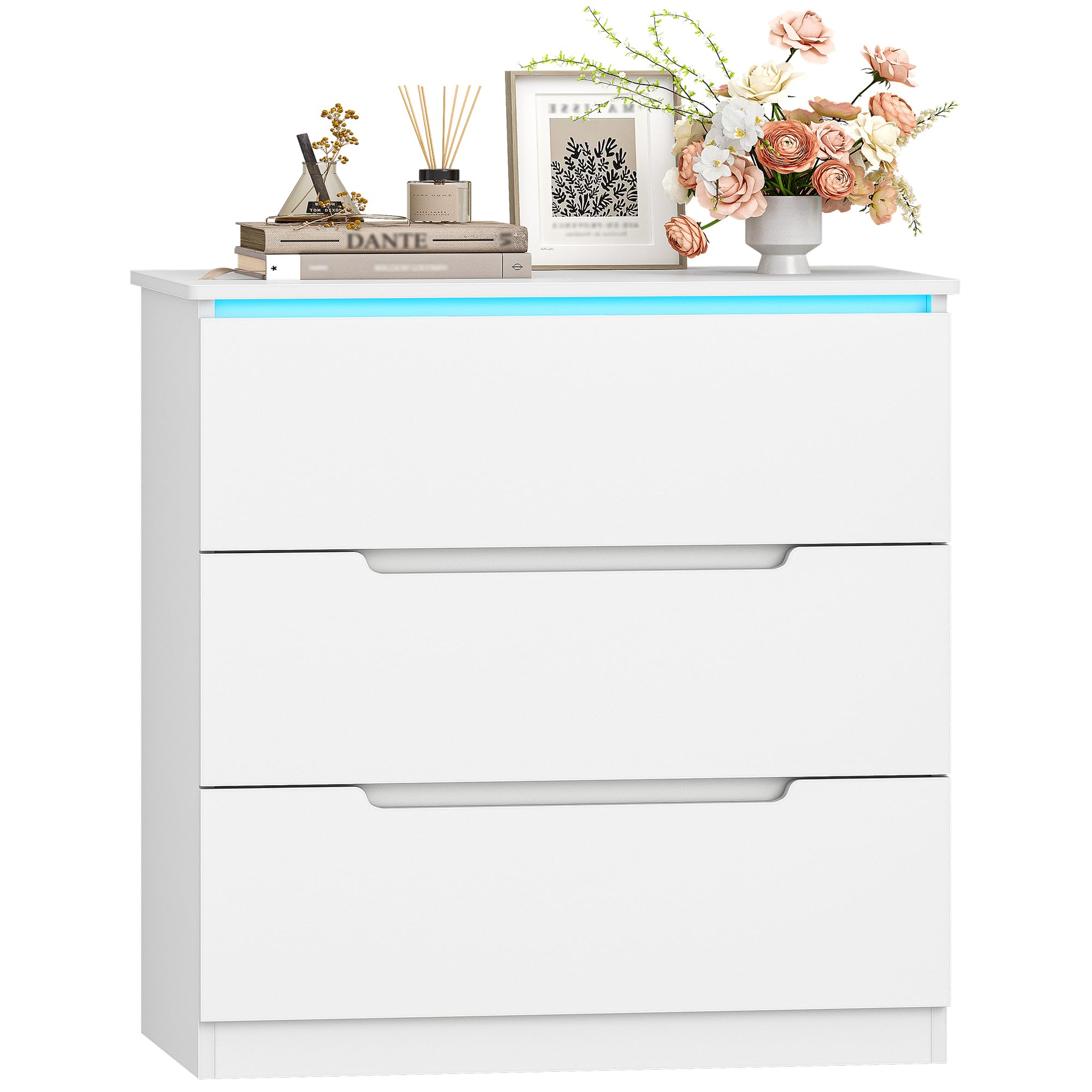 Hzuaneri Kommode, Mit LED-Beleuchtung, Kommode mit 3 Schubladen, Spind mit Beleuchtung, Moderner Stil, Geeignet für Wohnzimmer und Schlafzimmer, 40 x 70 x 80 cm, Weiß DC01303XEU