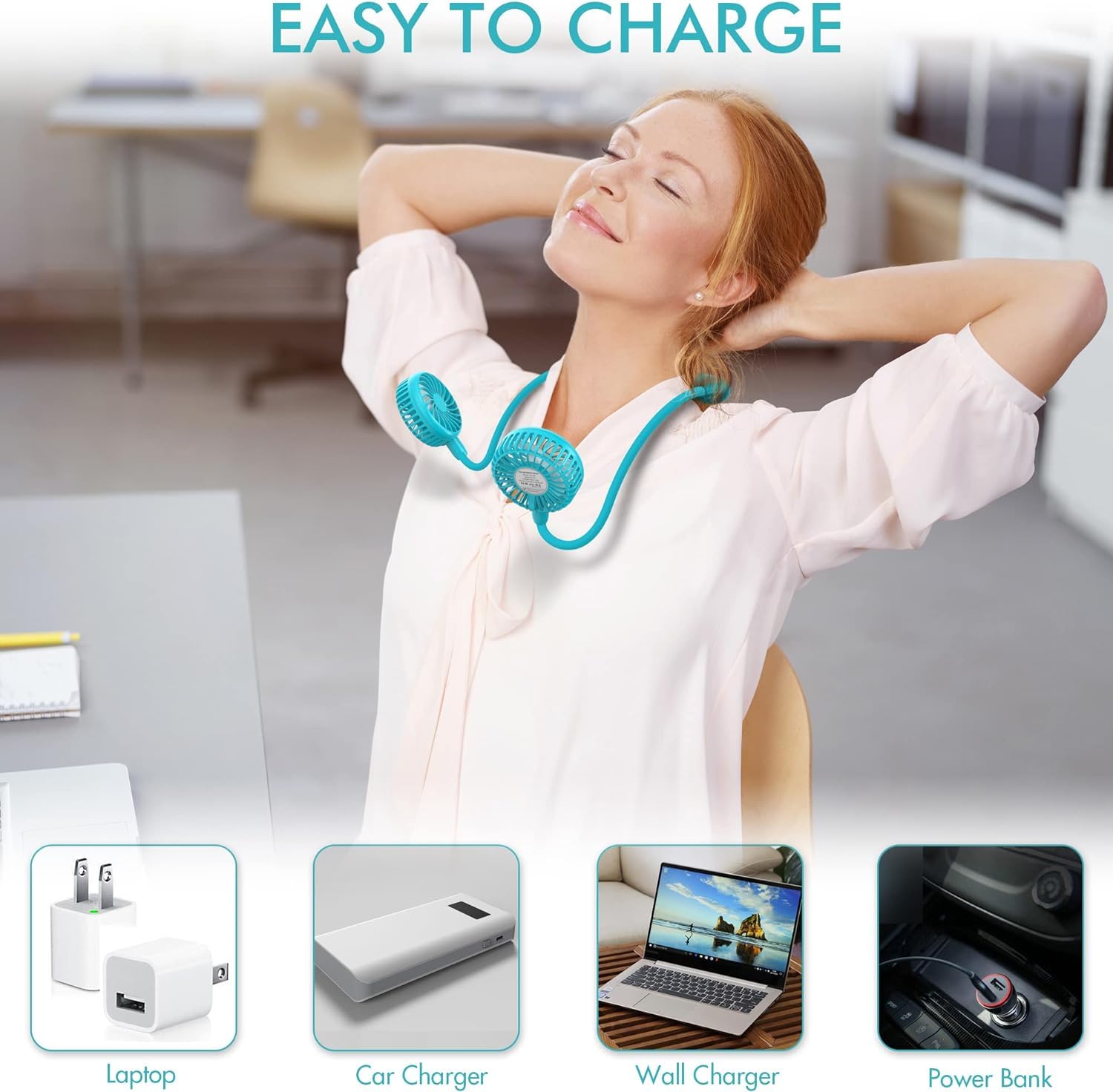 Ventilateur De Cou USB Rechargeable - 3 Vitesses, Sans Pales | Pour Extérieur, Voyage, Bureau