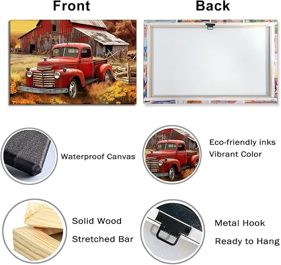 Farmhouse Canvas Wall Art Rustic Old Truck with Barn Picture Print Country Landscape Painting Vintage Artwork for Living Room Bathroom Home Office Decor Framed(Art-5,12.00x18.00)