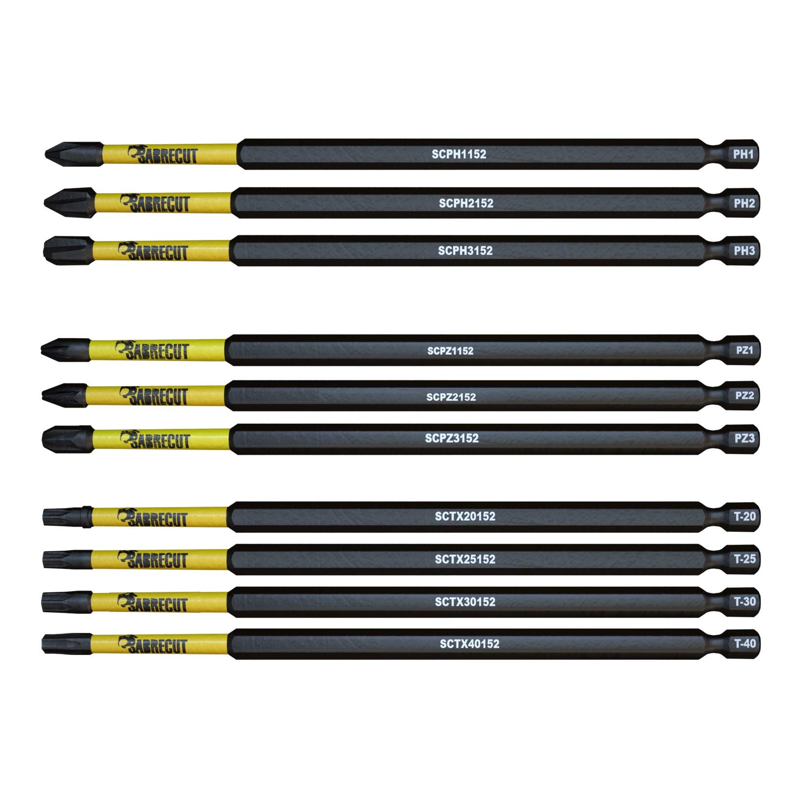 Set 10 Punte Per Avvitatore Magnetiche SabreCut - 152mm PH/PZ/TX - Per DeWalt, Milwaukee