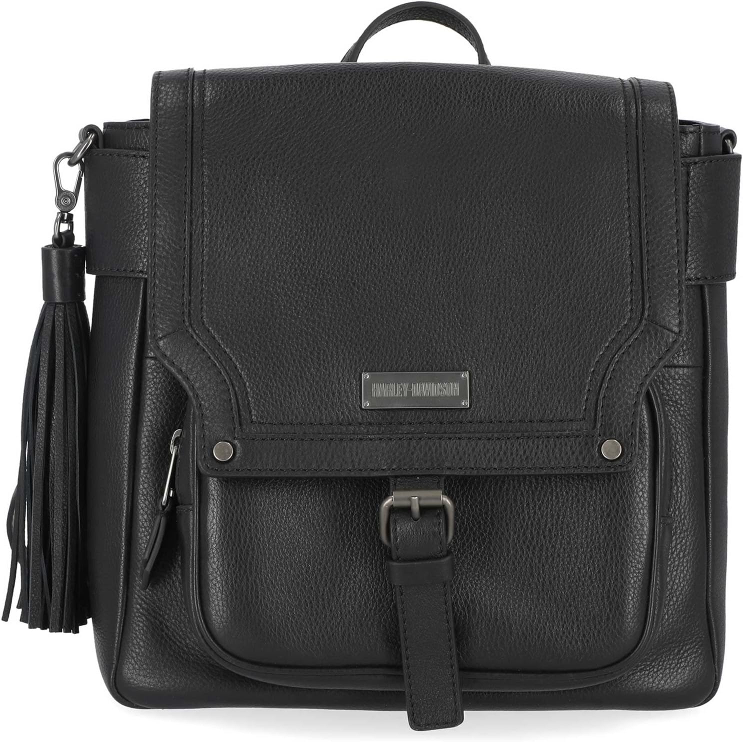 Harley-Davidson Women's Classic Genuine Leather Flap Backpack w/Tassel, Black