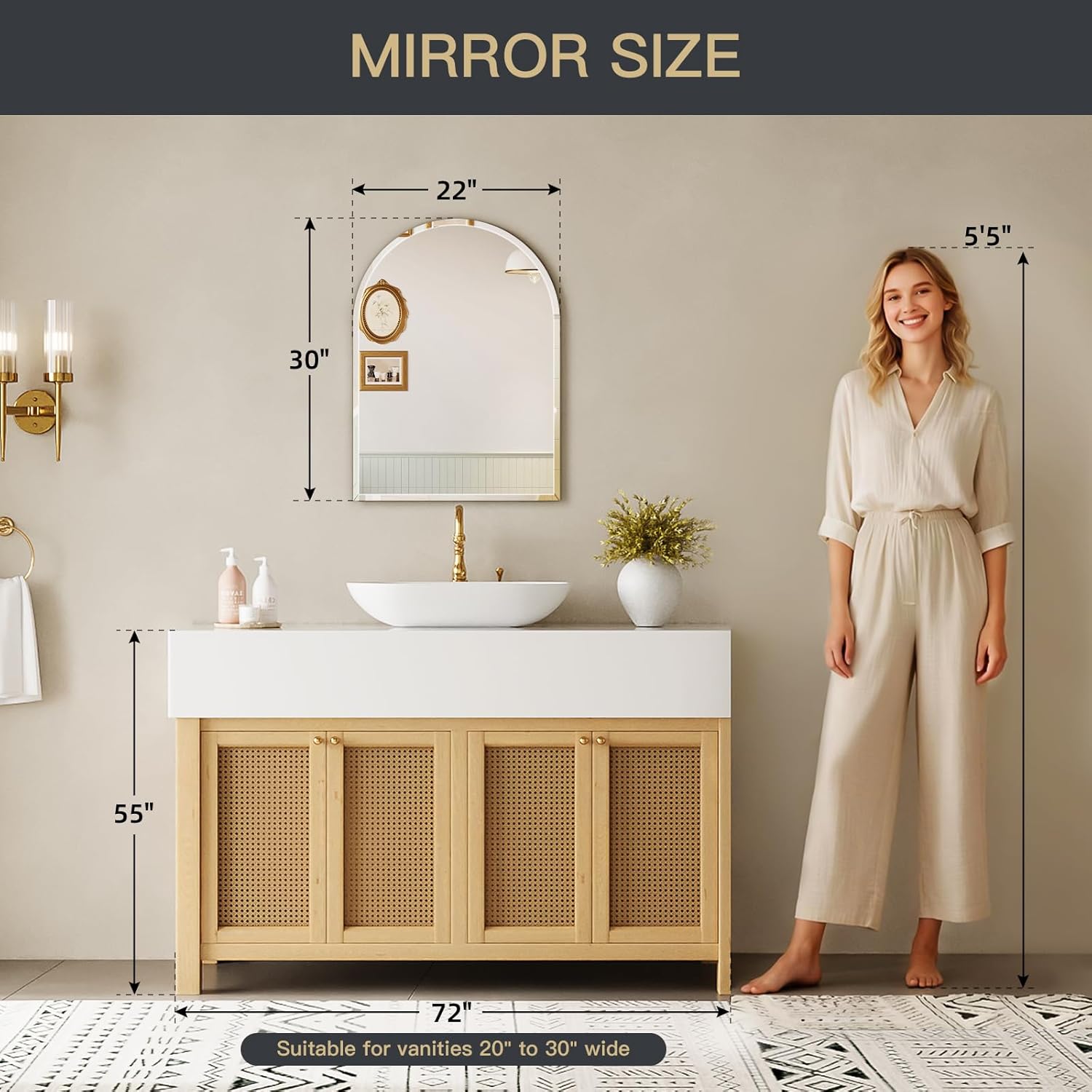 Frameless Arched Bathroom Mirror, 22" x 30" Frameless Arched Mirror with Beveled Edge for Bathroom, Living Room, Bedroom, Entryway, Dining Room