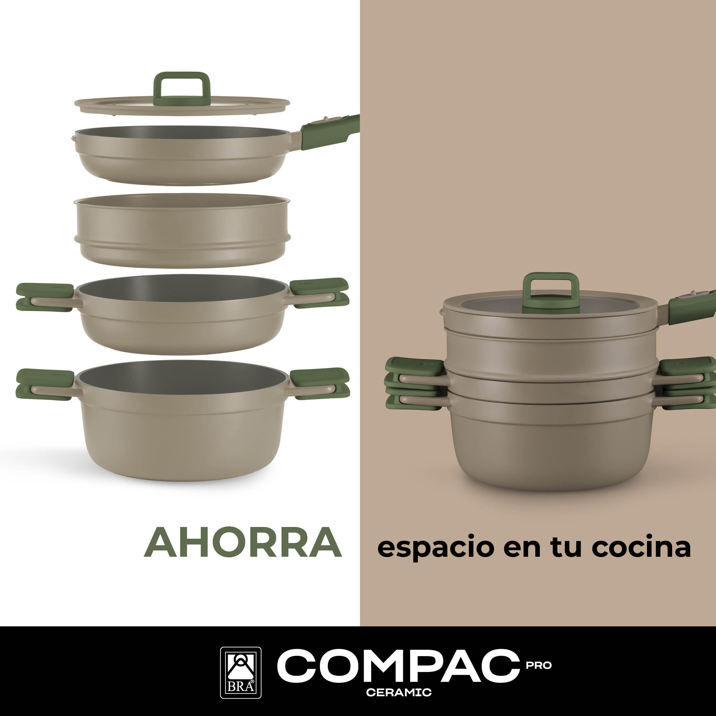 BRA Compac Pro Ceramic | Batería de cocina apilable de 5 piezas, aluminio fundido con antiadherente cerámico, compatible con todo tipo de cocinas, incluida inducción