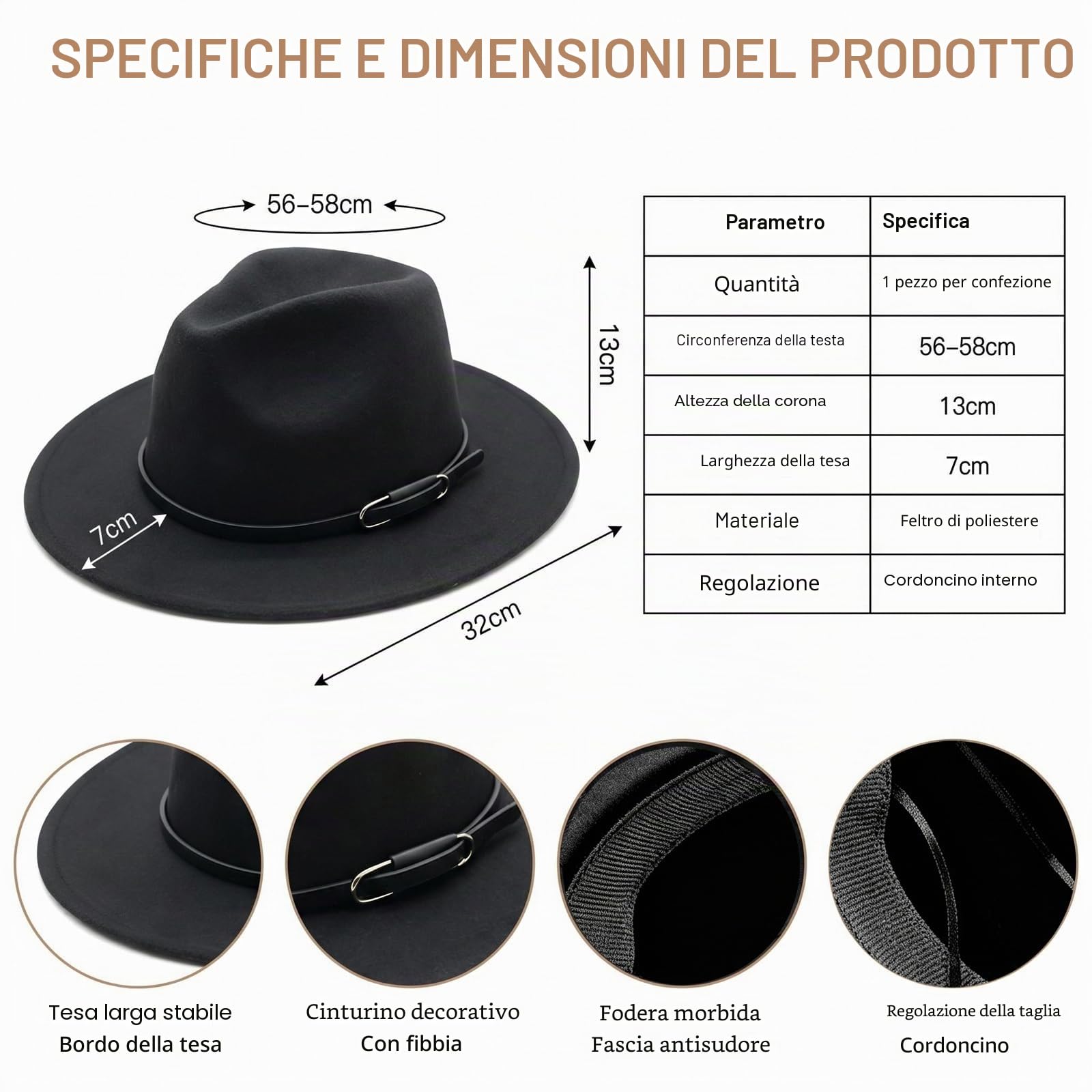 Ericotry Cappello Fedora con tesa larga – Classico cappello in feltro nero con fibbia per cintura, Trilby, Panama, stile derby, Nero , m
