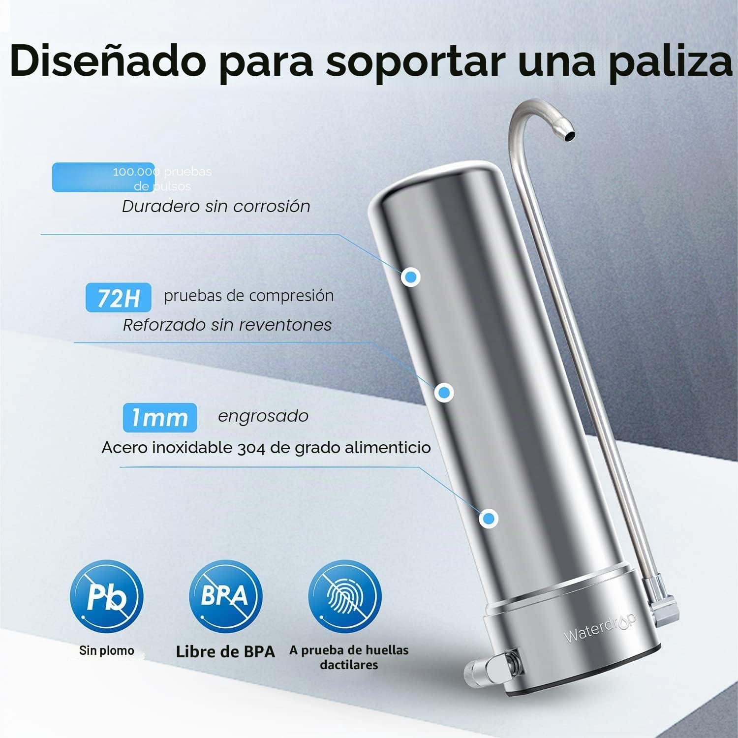 Waterdrop WD-CTF-01 Filtro de Agua para Encimera, 5 Etapas de Filtro de Acero Inoxidable, 8000 Galones Filtro de Grifo, Reduce el 99% de Cloro, Metales Pesados, Mal Sabor (1 Filtro Incluido)