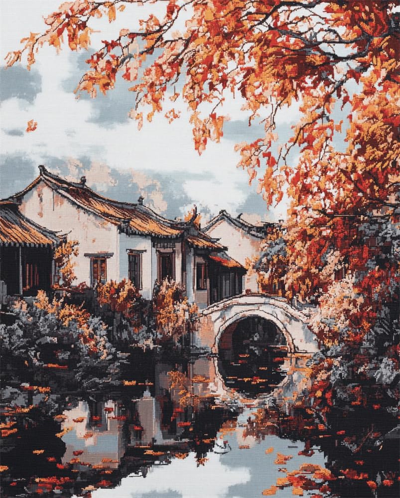 Rqwybcaxn 14Ct Cross Stitch, 14 Count Counted Stamped Pre Printed Cross Stitch China Jiangnan Landscape Embroidery Kits For Adults Beginners Starter Advanced Easy Crossstitch Patterns Set 15.7X19.7inc