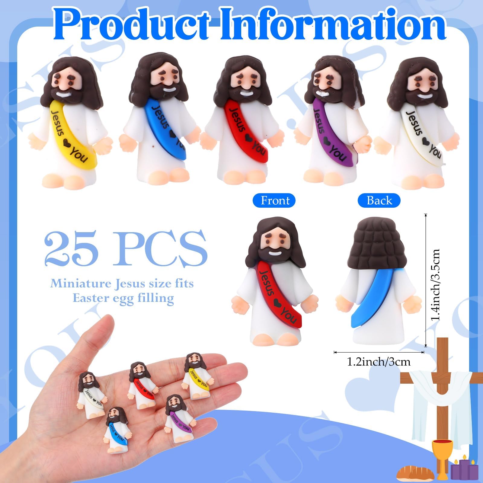 Oneser 25 Pcs Little Jesus Figures Love You Mini Rubber to Hide and Seek Easter Egg Stuffers Religious Party Favors Sunday School Baptism 5 Styles Gifts - Image 2