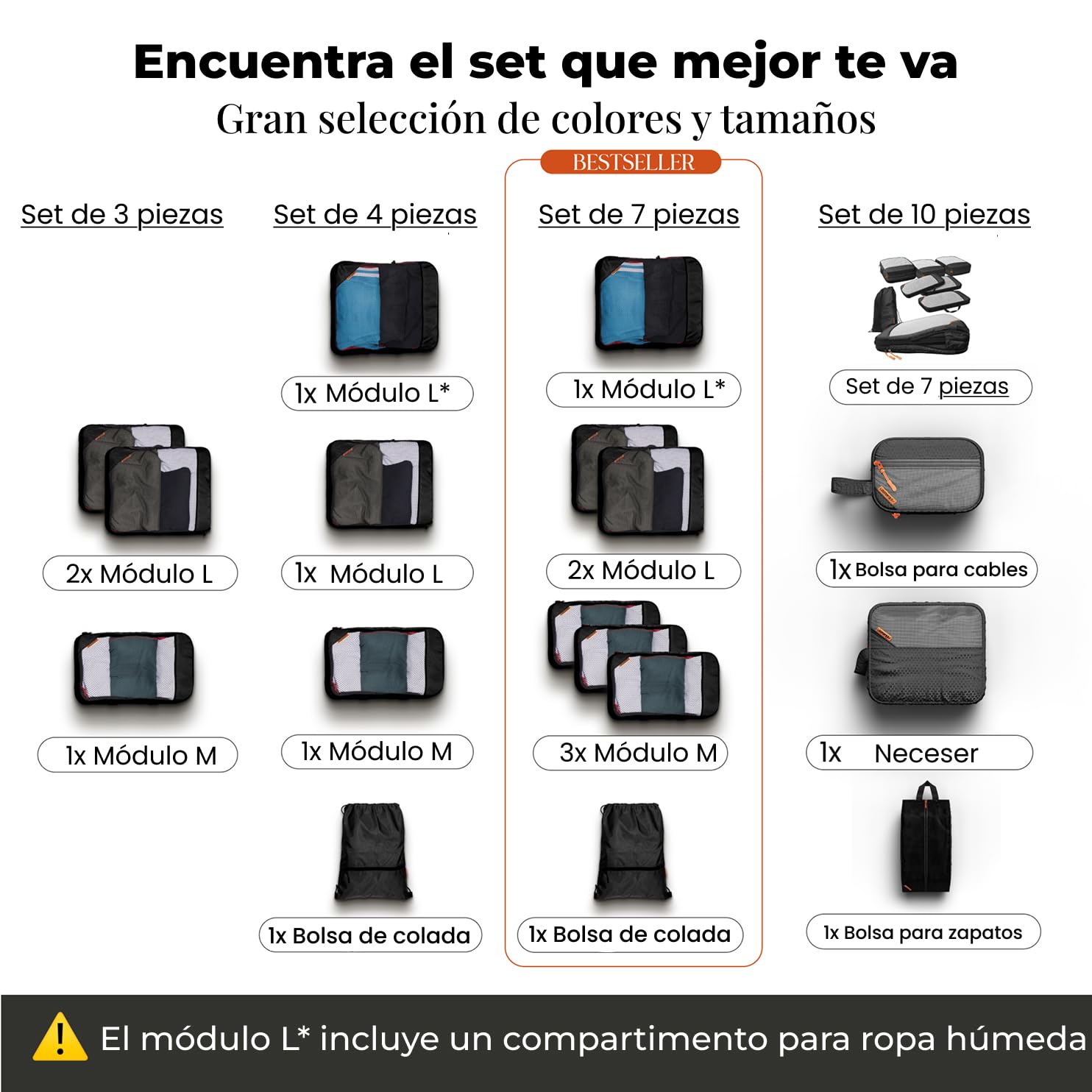 LOONARA Bolsas de compresión para maletas y mochilas [7 piezas] - Cubos compresibles, organizadores de equipaje, bolsas de viaje, accesorios para acampada y senderismo (Pizarra Alpina - Gris)
