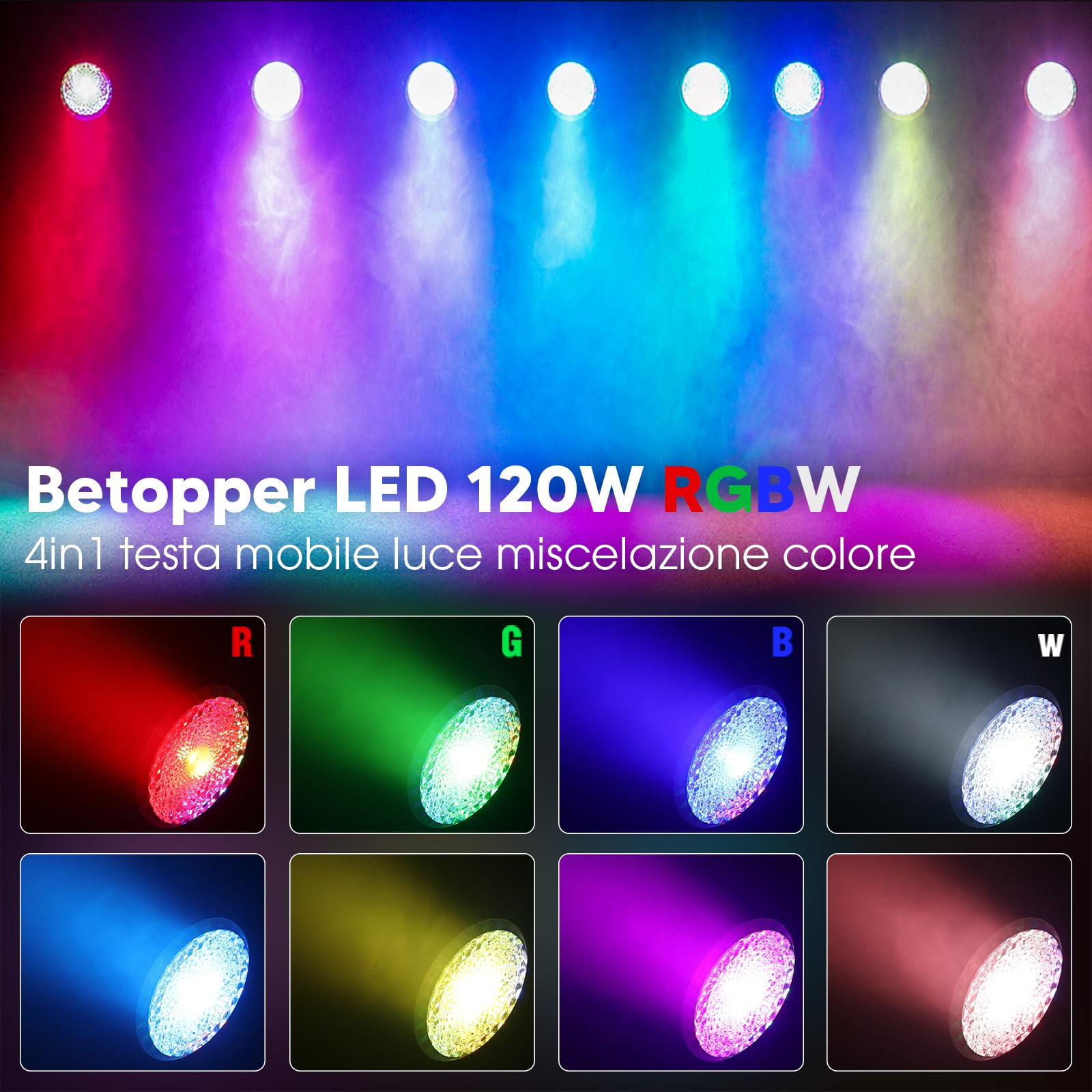 Betopper 120W Teste Mobili 4 in 1 Luci Discoteca Demon's Eye COB DMX512 Control Luci da palco Luce da palcoscenico per Matrimonio DJ Party Live Band Mostra