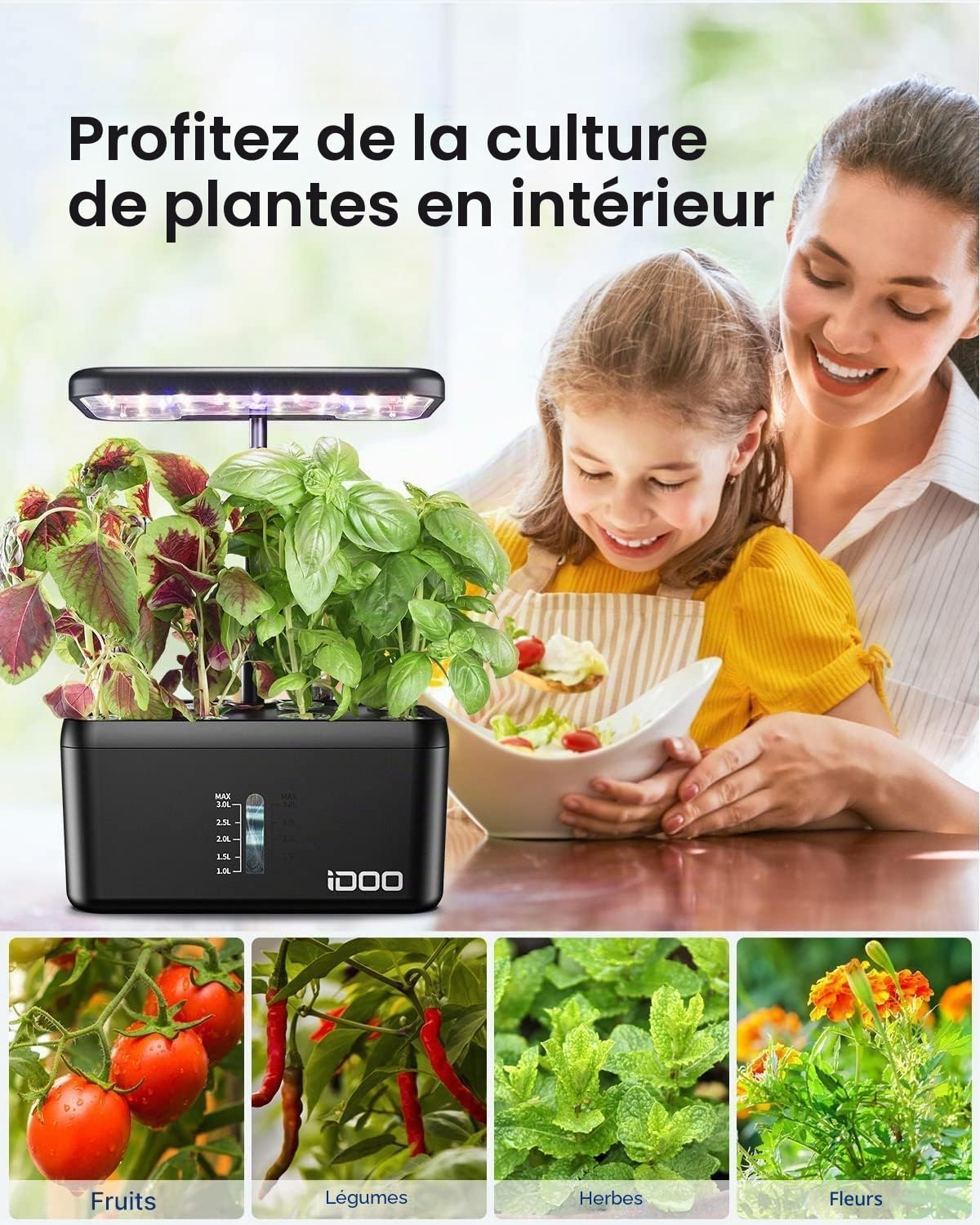 iDOO 8 Pods Potager Intérieur Hydroponique, Jardinière Intelligente avec Minuterie Automatique, Kit de Jardin d'Herbes Réglable en Hauteur