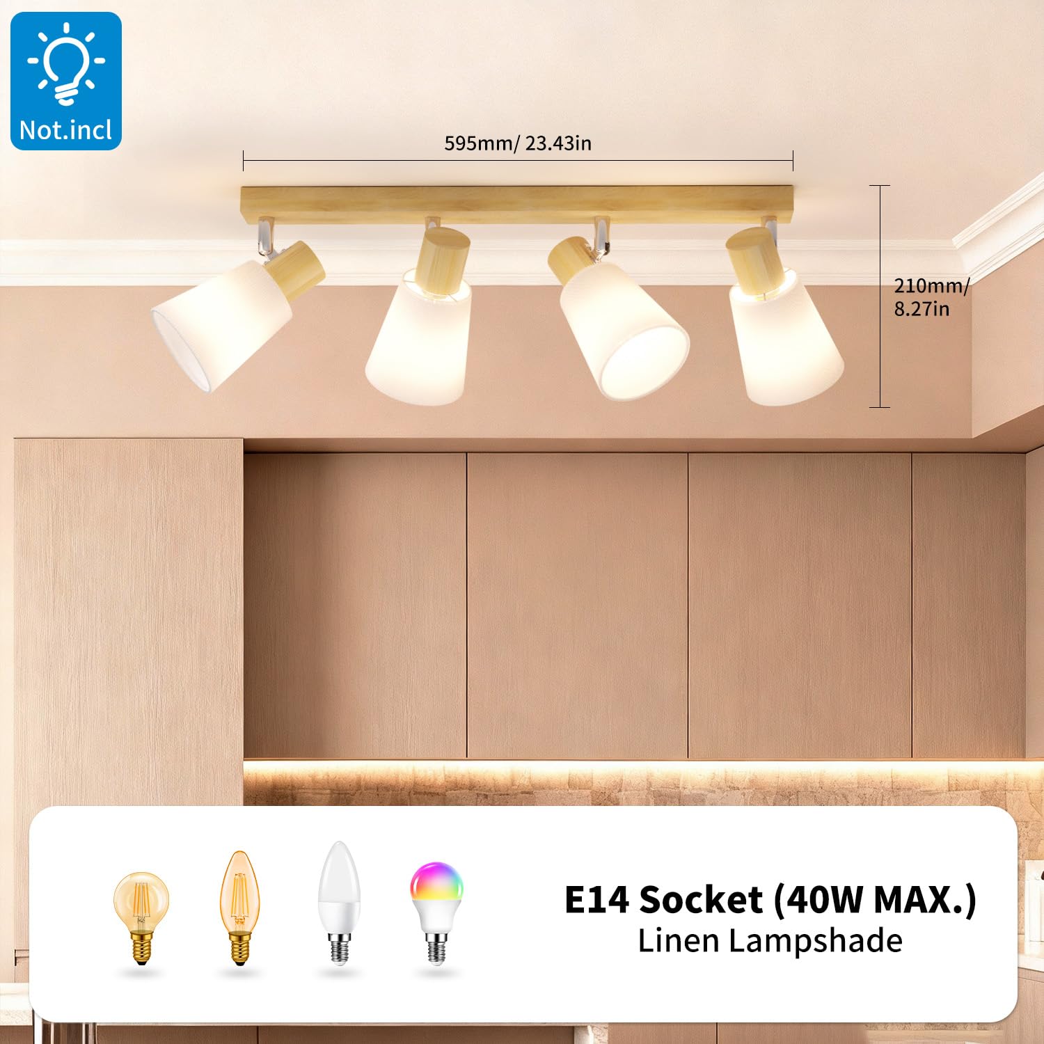 LVWIT Lámpara de Techo 4 Focos Orientables de Madera, Plafón Giratorio para E14, Retro para Cocina, Pasillo, Salón o Dormitorio – Bombillas No Incluidas