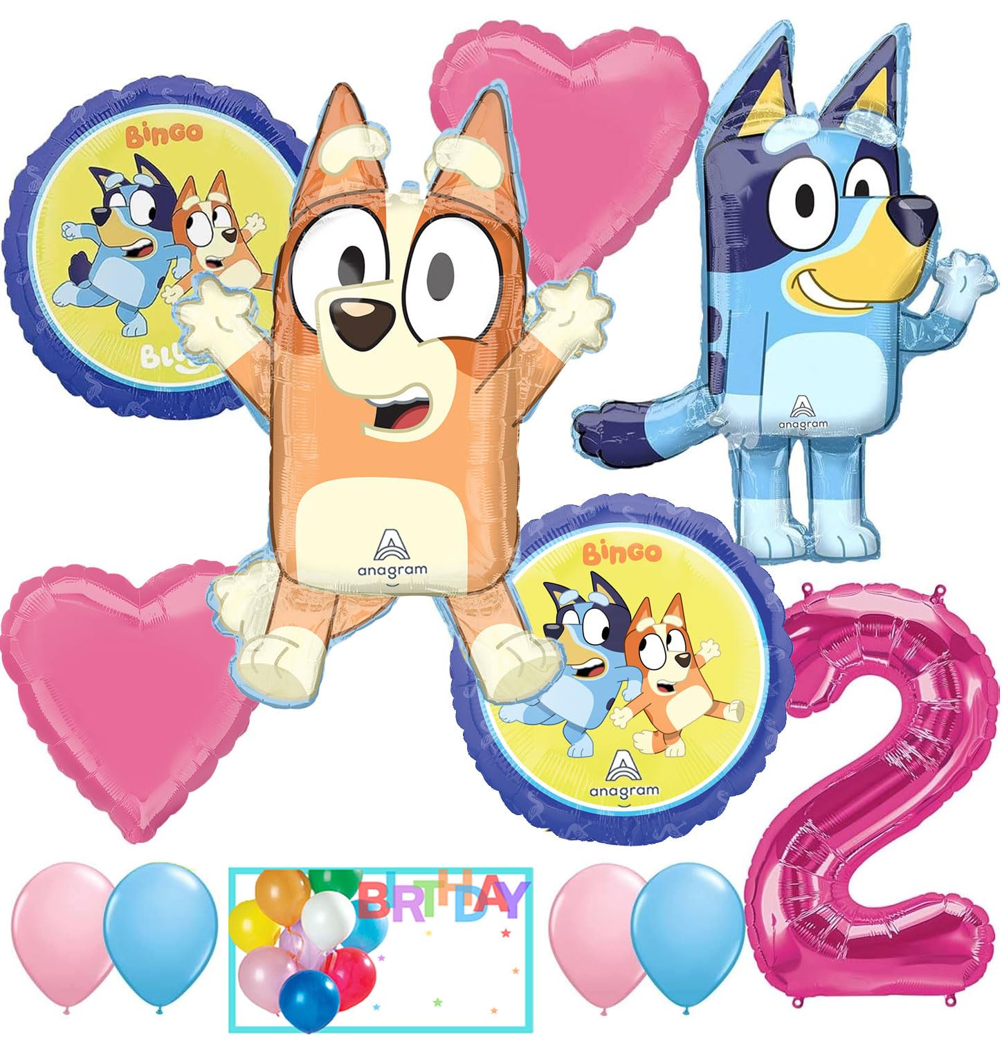 Anagram Bingo & Bluey, Girls Licensed 2nd Birthday Party Supplies Balloon Bouquet Decorations, Multicolored, Party Accessory