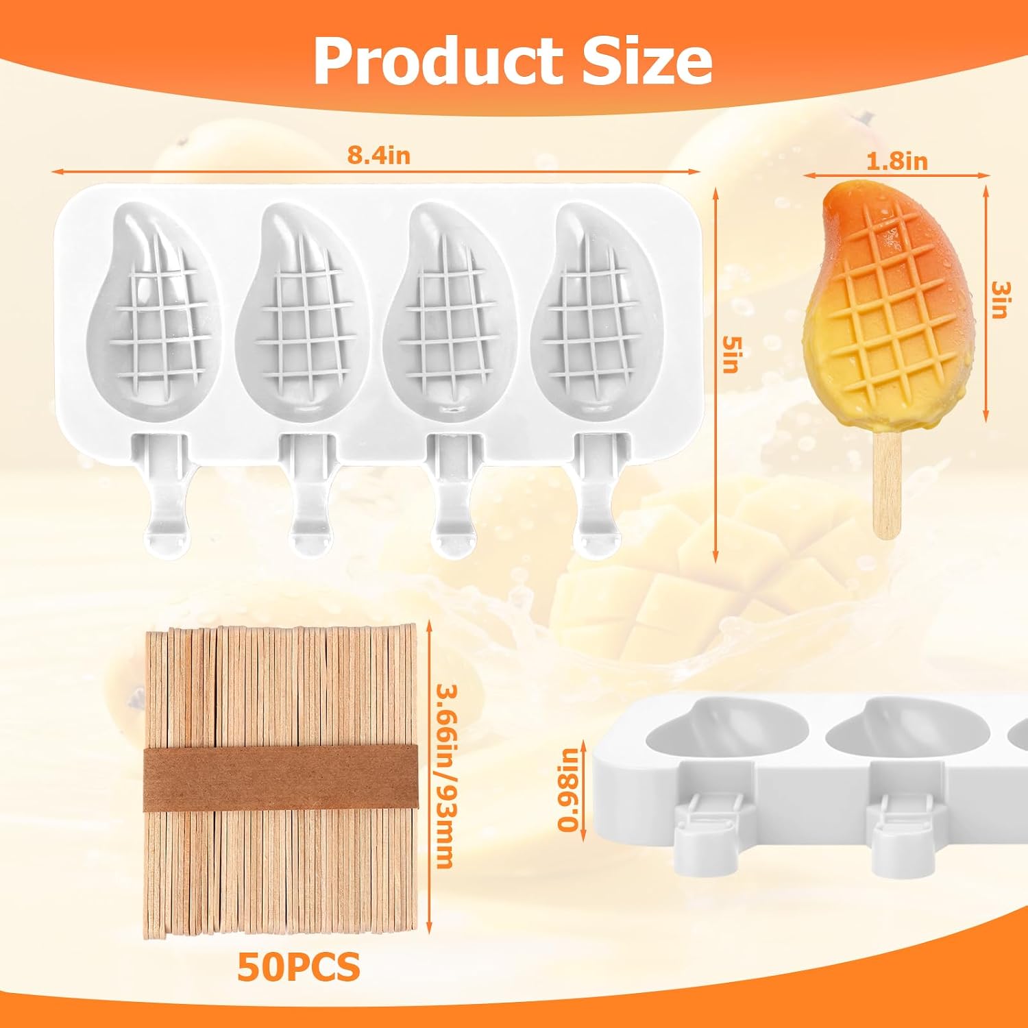 Juome Mango Shape Silicone Popsicle Molds, 3D Mango Ice Cream Molds
