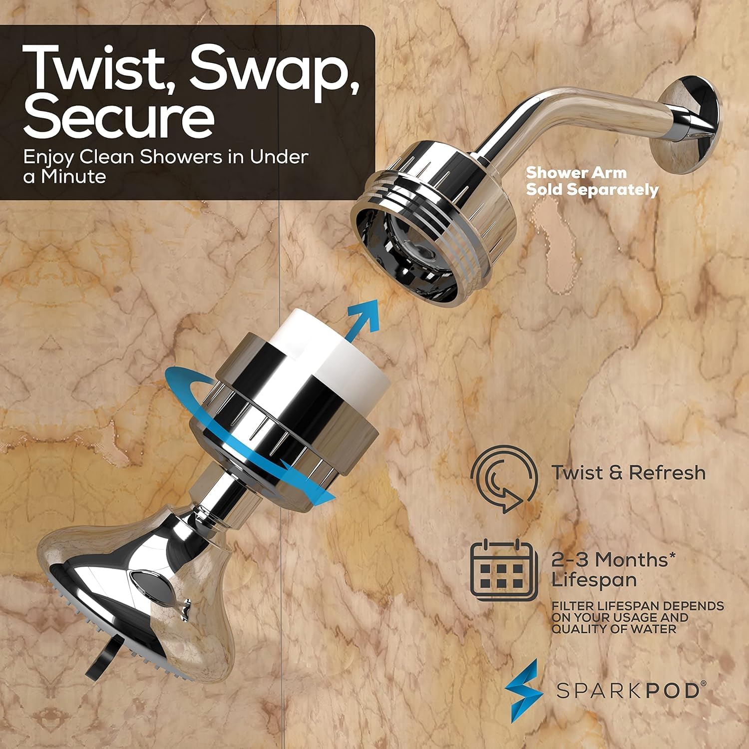 SparkPod Shower Filter Capsule and 1 Filter Cartridge bundle to Reduce Chlorine, Dirt, Odors from Shower Water - Recommended for People with Itchy Dry Skin, Eczema and Dandruff (Oil-Rubbed Bronze)