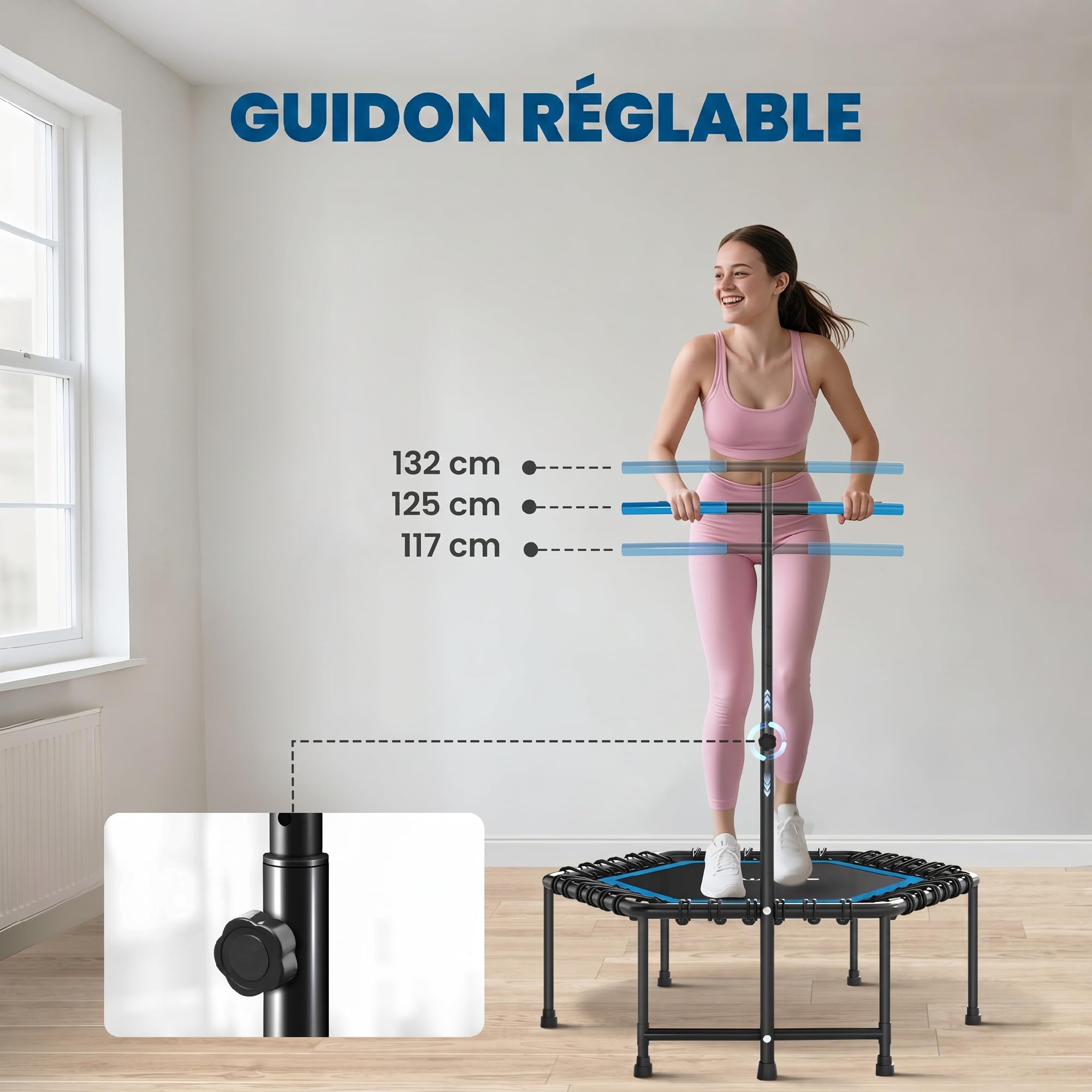 SPORTNOW Trampoline de Fitness 114 cm avec Cordes élastiques, poignée réglable sur 3 Positions, Trampoline Adulte Charge 100 kg Stable et Silencieux pour entraînement intérieur