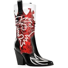 ANN CREEK Womens Cowboy Boots Cowgirl Mid Calf Knee-high Boots Contrast Embroidery Pointed Toe Chunky Heel Western Wide Calf