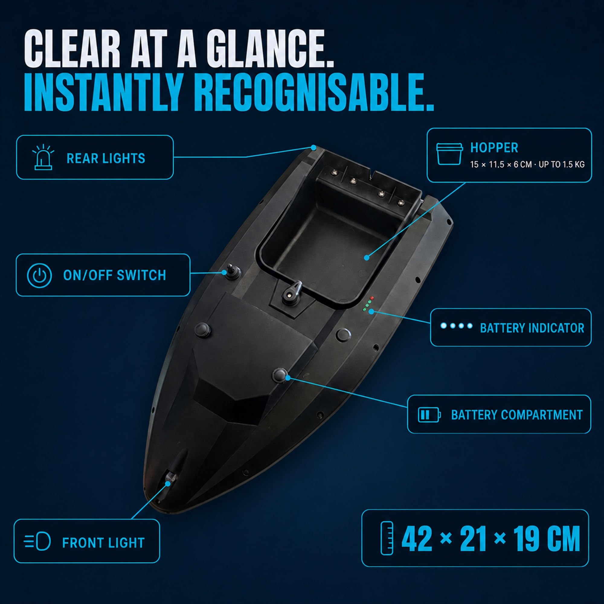 barca pasturatrice, barca con esca per la pesca alla carpa – Nuovo modello con Cruise Control, Capacità di carico 1,5 kg, portata 500 m, Tempo di navigazione 3 ore, illuminazione a LED