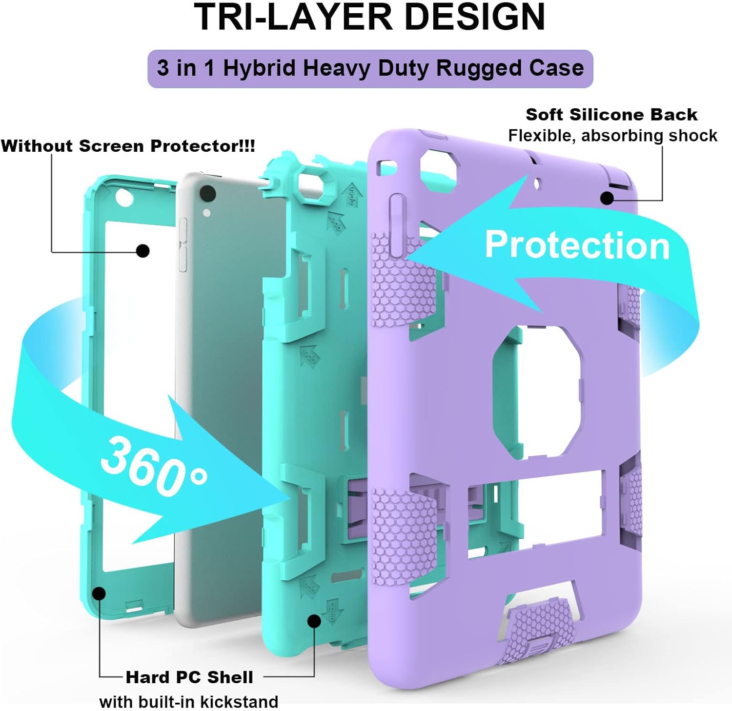 CCMAO iPad mini 5 Case 2019, iPad mini 4 Case 2015, Heavy Duty Shockproof Hybrid Protective Cover for iPad mini 5th/4th Generation 7.9 inch, Purple+Green - Image 2