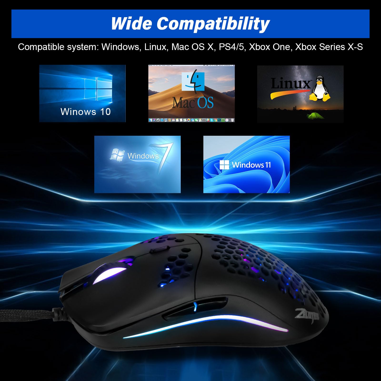 C7 - Ratón para juegos con cable, diseño de panal, sensor ajustable de 16000 DPI, 7 botones programables, RGB dinámico, ratones ultraligeros para juegos para PC y portátil