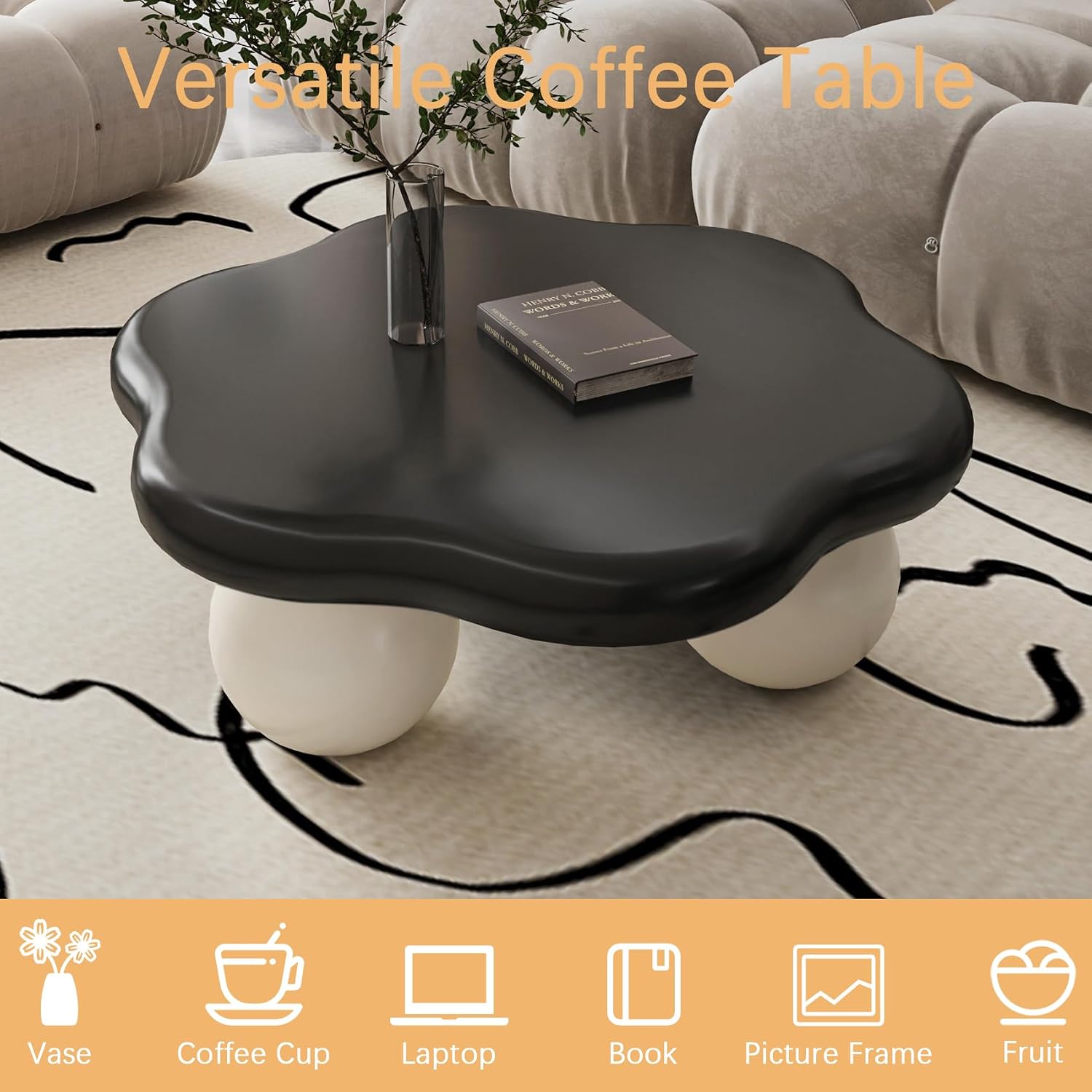 35" Cloud Coffee Table, Petal-Shaped Modern Minimalist Coffee Table with Spherical Legs, Unique Center Table for Living Room, Balcony, for New Home, Easy Assembly, Black Top White Legs