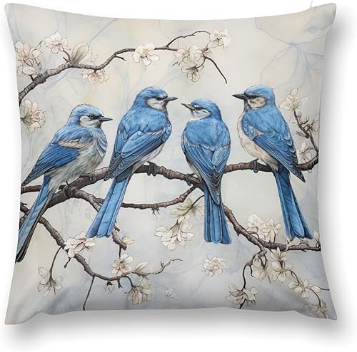 Miniatura 2 de Cojines Decorativos para Sala - Funda de cojín cuadrada para sofá, diseño de pájaros azules con flores posando en ramas, 22 x 22 pulgadas, diseño de