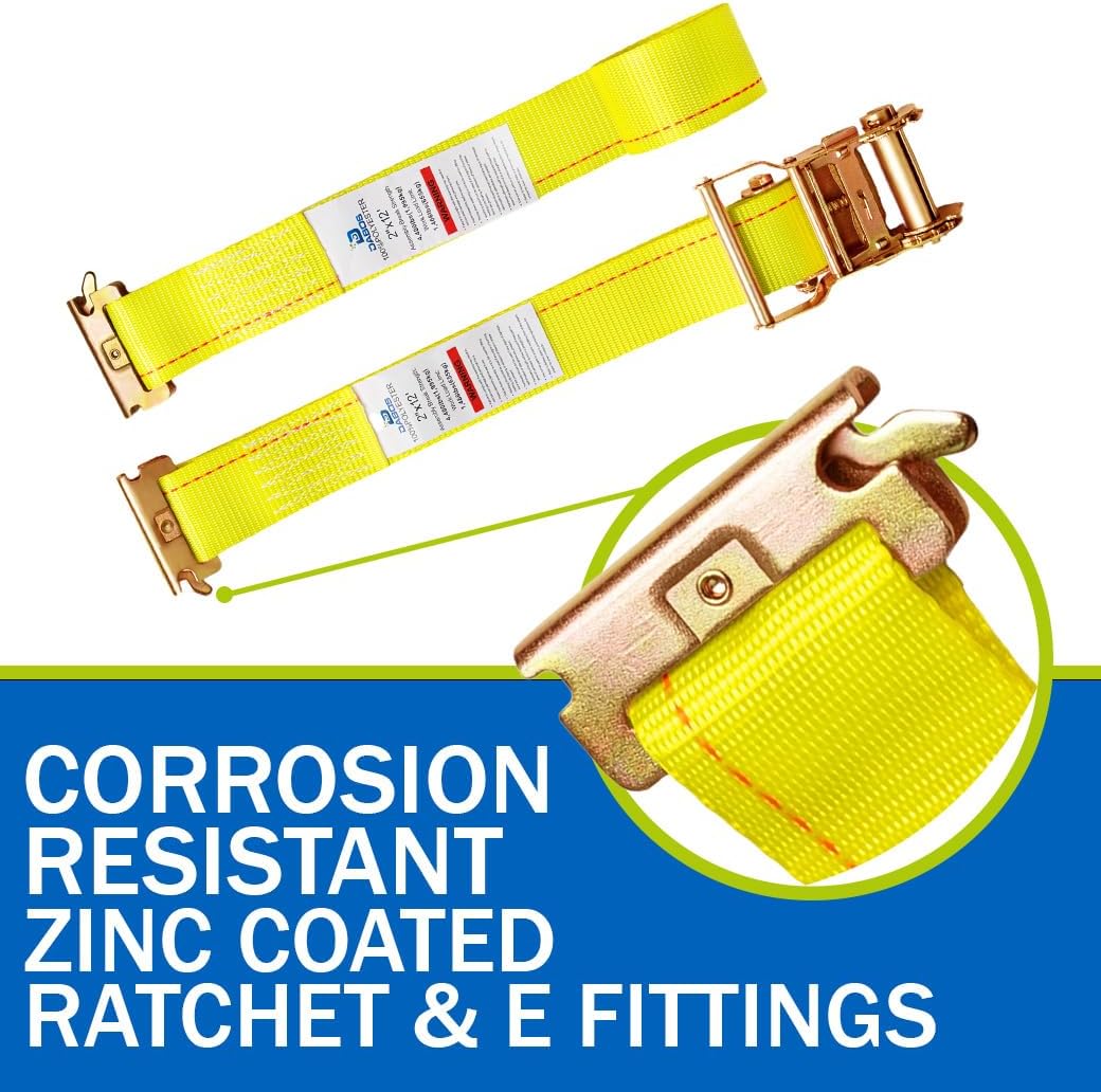 2" x 12' E-Track Ratchet Straps with Spring E-Fittings – Yellow Heavy-Duty Tie Down Straps, 4,400 lbs Break Strength – 800 per Pallet – Cargo Securement for Trailers, Trucks, Warehouses