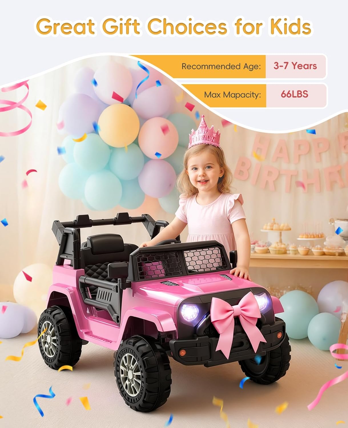 12V Power Wheels with Remote Control, Electric Car for Kids with LED Lights, 3 Speeds, Music & Horn, Power Wheel for 3-6 Ages Boy Girl Gift, Pink