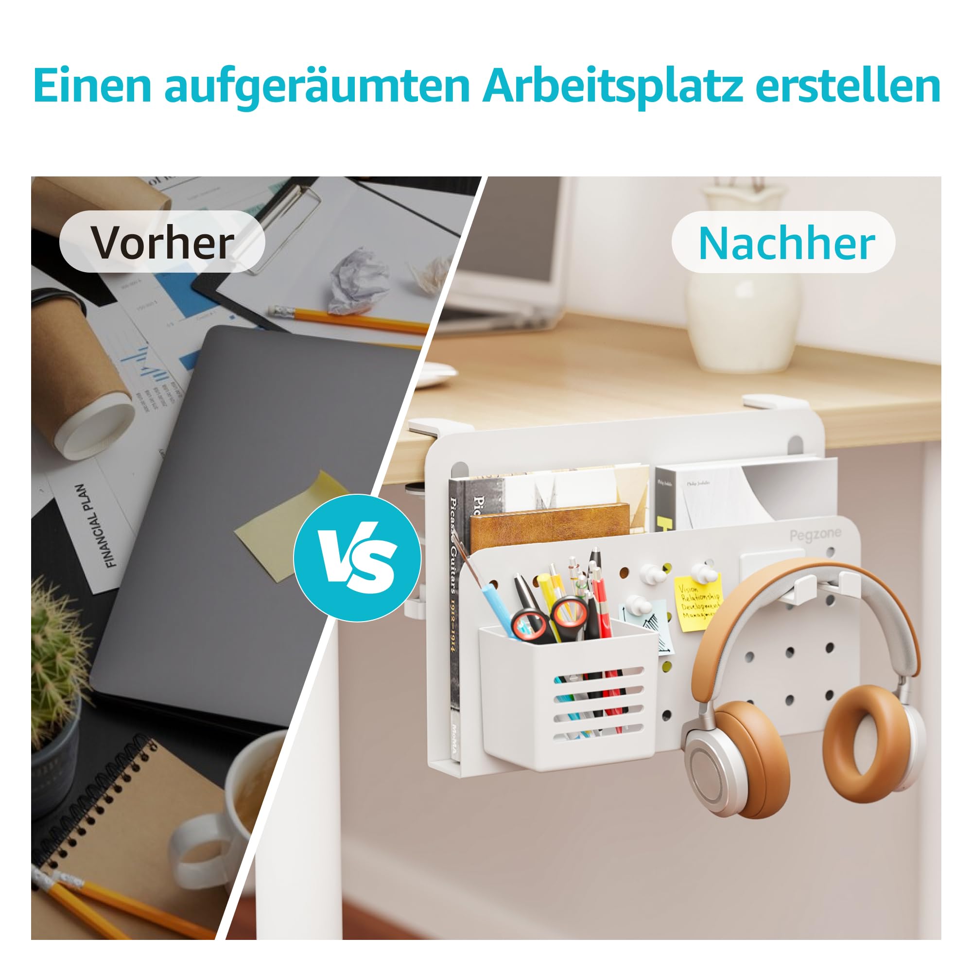 PEGZONE Schreibtisch Seitenaufbewahrung, Untertisch Laptop Halterung Aufbewahrung, Bohrfreier Laptop-Halter, Hängende Laptop-Halterung, Passt für flache Kanten von 1 cm bis 5,6 cm, Weiß