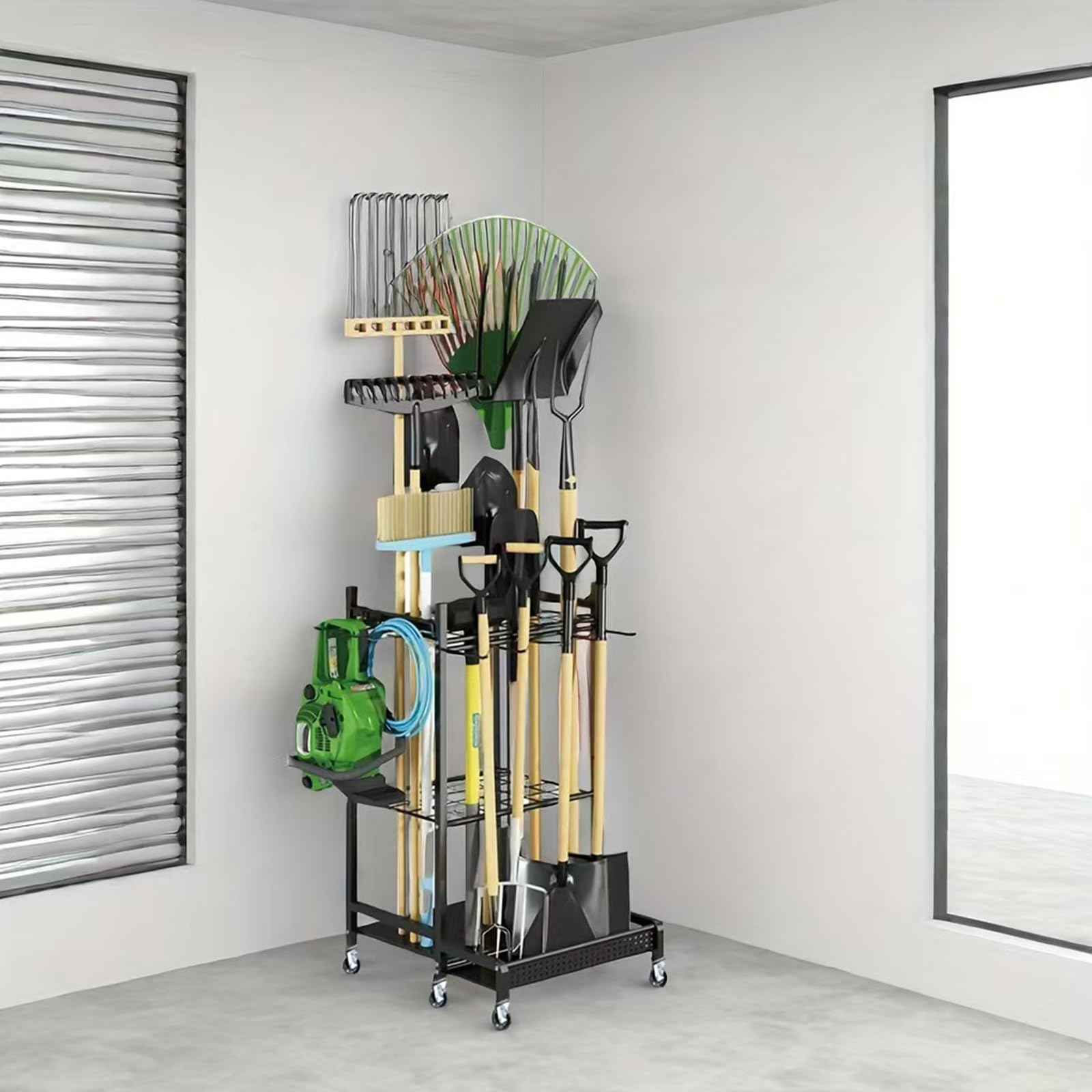 Support mural pour outils de jardinage avec plusieurs sections et rouleaux, parfait pour l'arrangement d'atelier, en acier, compact avec séparateurs et roulettes, idéal pour ranger du