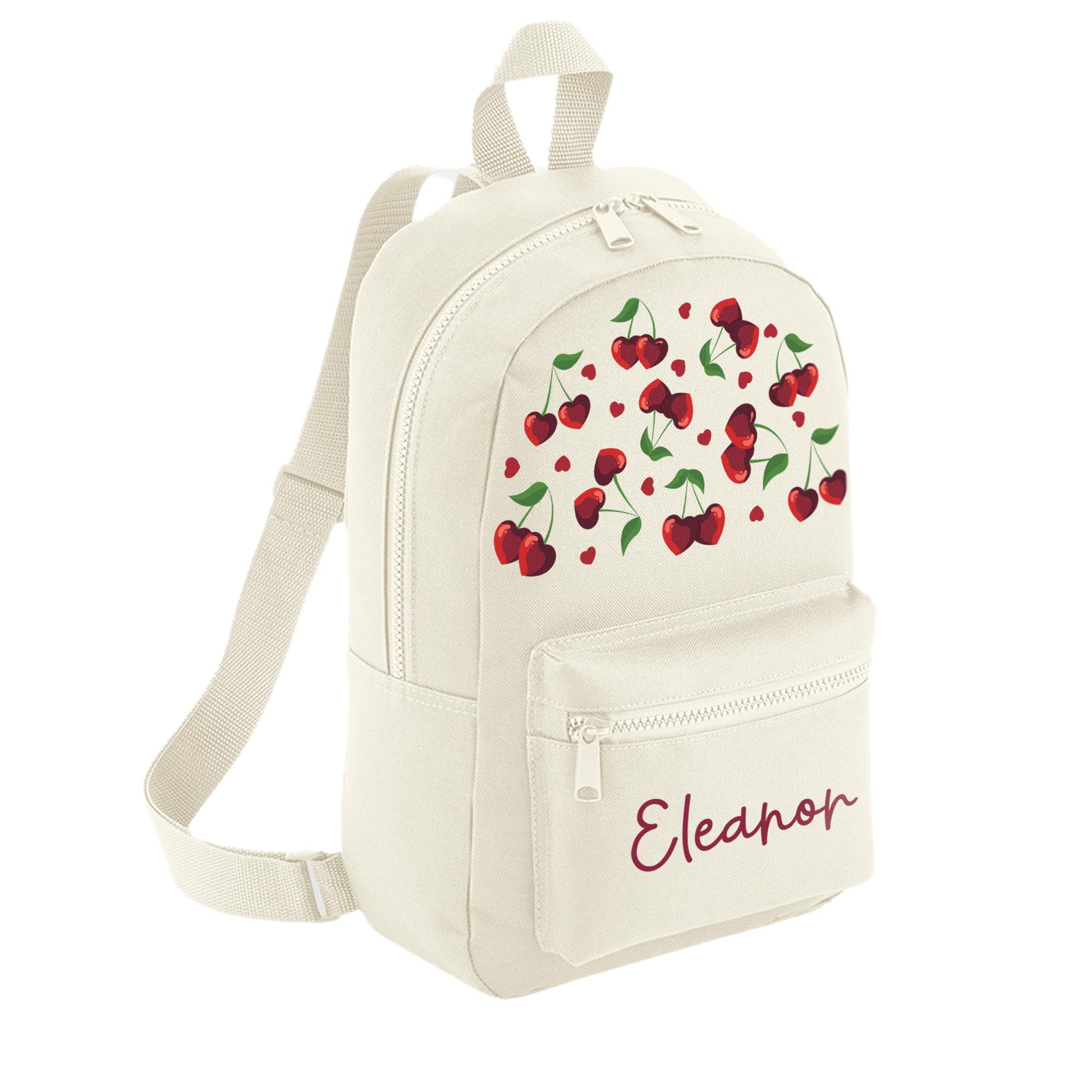 A1 Graphics Ltd Personalised Cherries Kids Backpack Custom with Name Choice of Colours Cherry Hearts School Bag with Adjustable Straps For Children & Toddlers (Natural)
