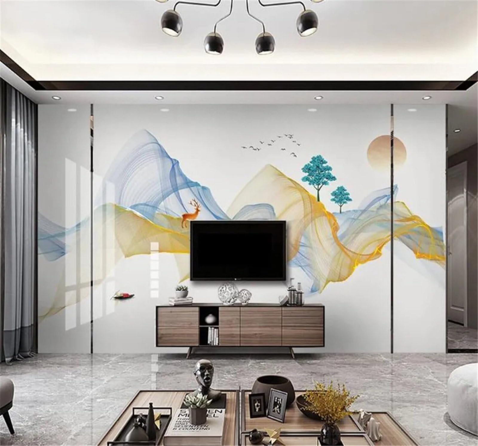 Tzxztt Ink Wash Abstract Lines Mist Reindeer Modern 3D Wallpaper Premium Textured Silk Neutral Tones Material Ideal for Living Room Bedroom-300cm×210cm