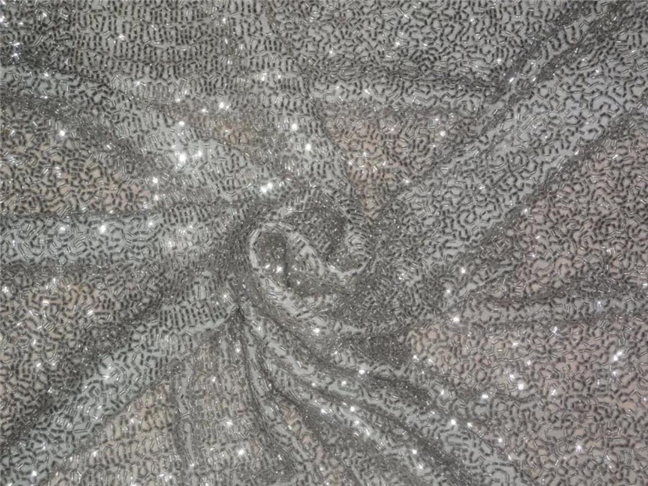 FabricFactory Heavy Embroidered Silk Georgette Fabric with Beads Silver Color 1.85 Yards White Silks