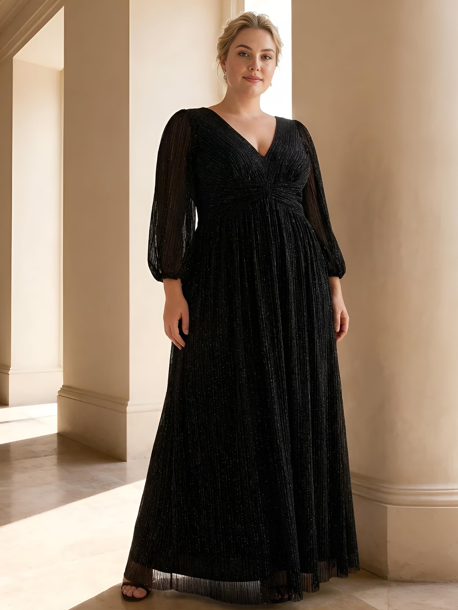 Ever-Pretty Donne Glitter Maniche Lunghe Scollo a V Pieghe Impero Vita Lunghezza Pavimento Plus Size Abito da ballo Abiti Formali 01961-DA, nero, 62