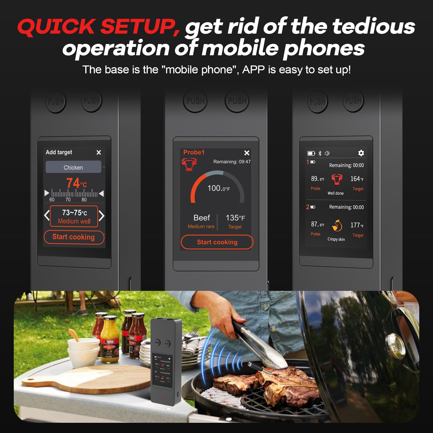 800FT Wireless Meat Thermometer Digital with 2 Upgraded Ultra-Thin Probe, Large Touchscreen, Kitchen Food Thermometer for Cooking Oven, Smoker, Rotisserie, BBQ(No App to Download)