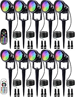 SUNVIE 12W Christmas Low Voltage Landscape Lighting RGB Color Changing LED Landscape Lights Remote Control Waterproof Garden Patio Spotlight Decoration for Outdoor Indoor(10 Pack with Connector)