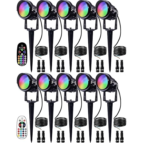 SUNVIE 12W Christmas Low Voltage Landscape Lighting RGB Color Changing LED Landscape Lights Remote Control Waterproof Garden Patio Spotlight Decoration for Outdoor Indoor(10 Pack with Connector)