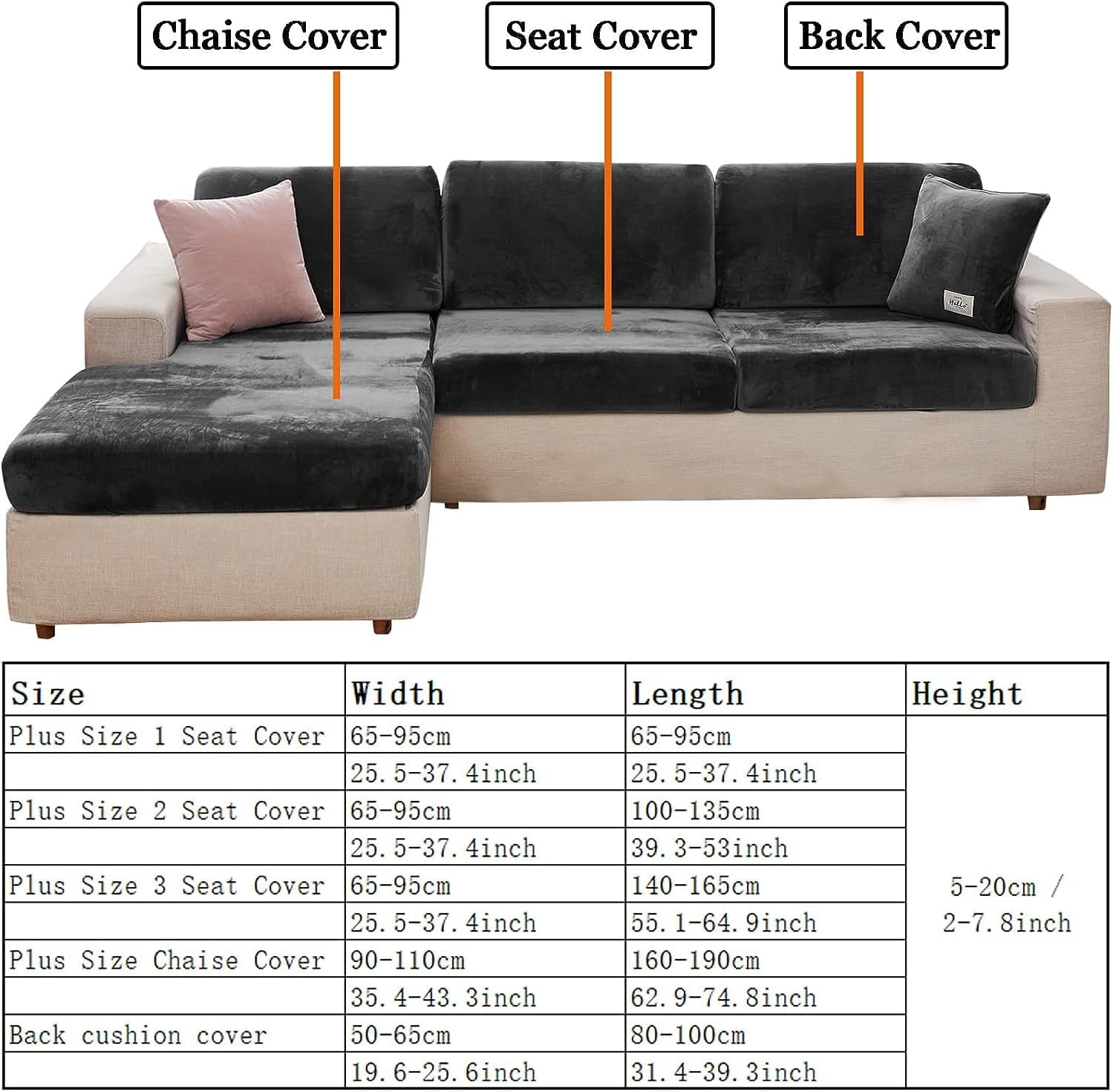LiveGo 1 2 3 Seater Cushion Couch Cover for L-Shaped Sofa Chaise Longue,Velvet Cushion Slipcover Sofa Cover for Individual Cushion Furniture Protector with Elastic Bottom