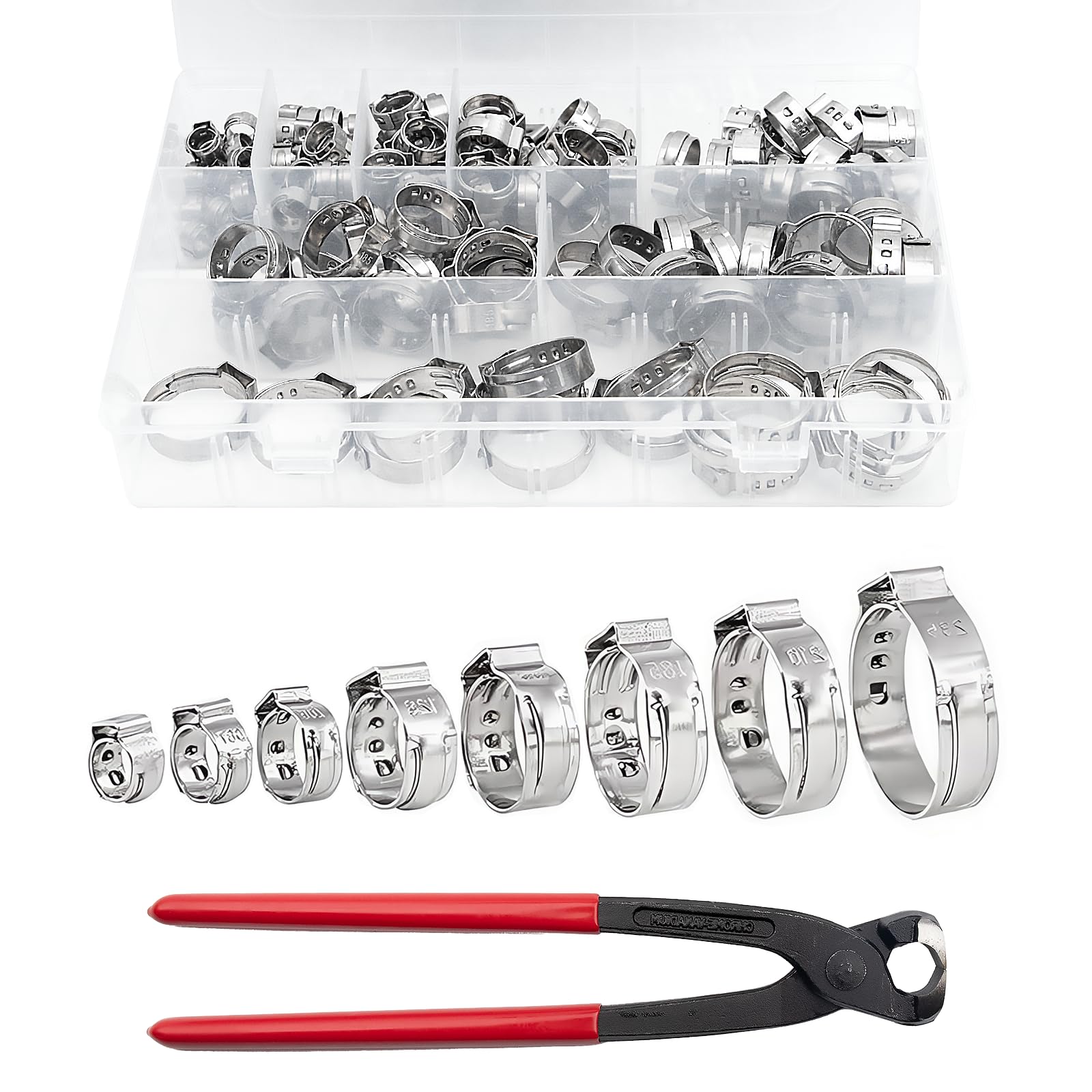150Pcs 304 Stainless Steel Single Ear Hose Clamp with Ear Clamp Pincer, 6-23.5mm Crimp Hose Clamp Assortment Kit Cinch Rings Crimp Pinch Tools Perfect